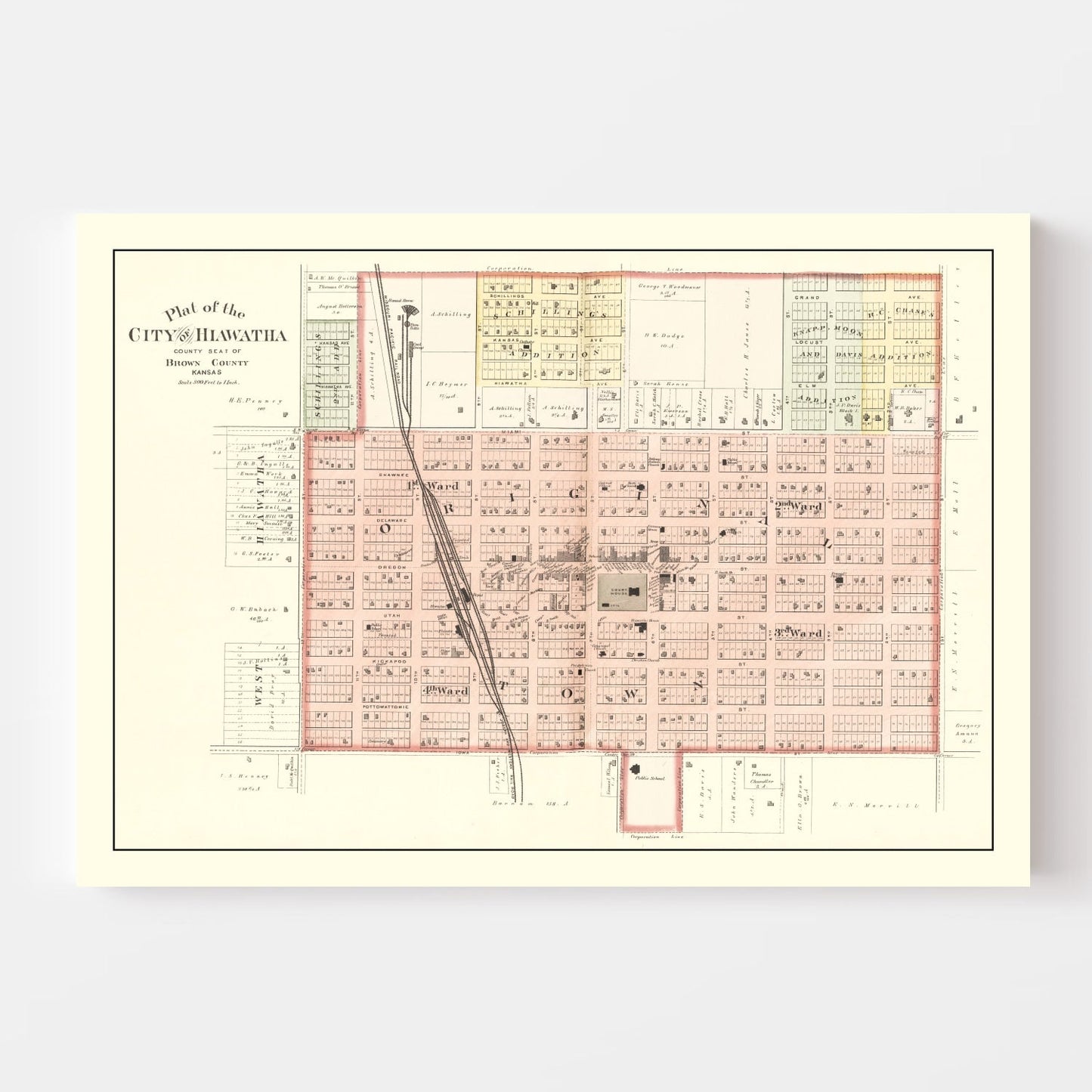 Vintage Map of Hiawatha, Brown County, Kansas, 1887