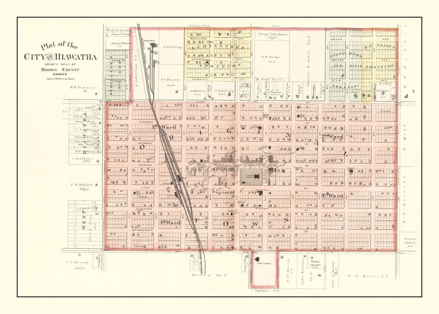 Vintage Map of Hiawatha, Brown County, Kansas, 1887