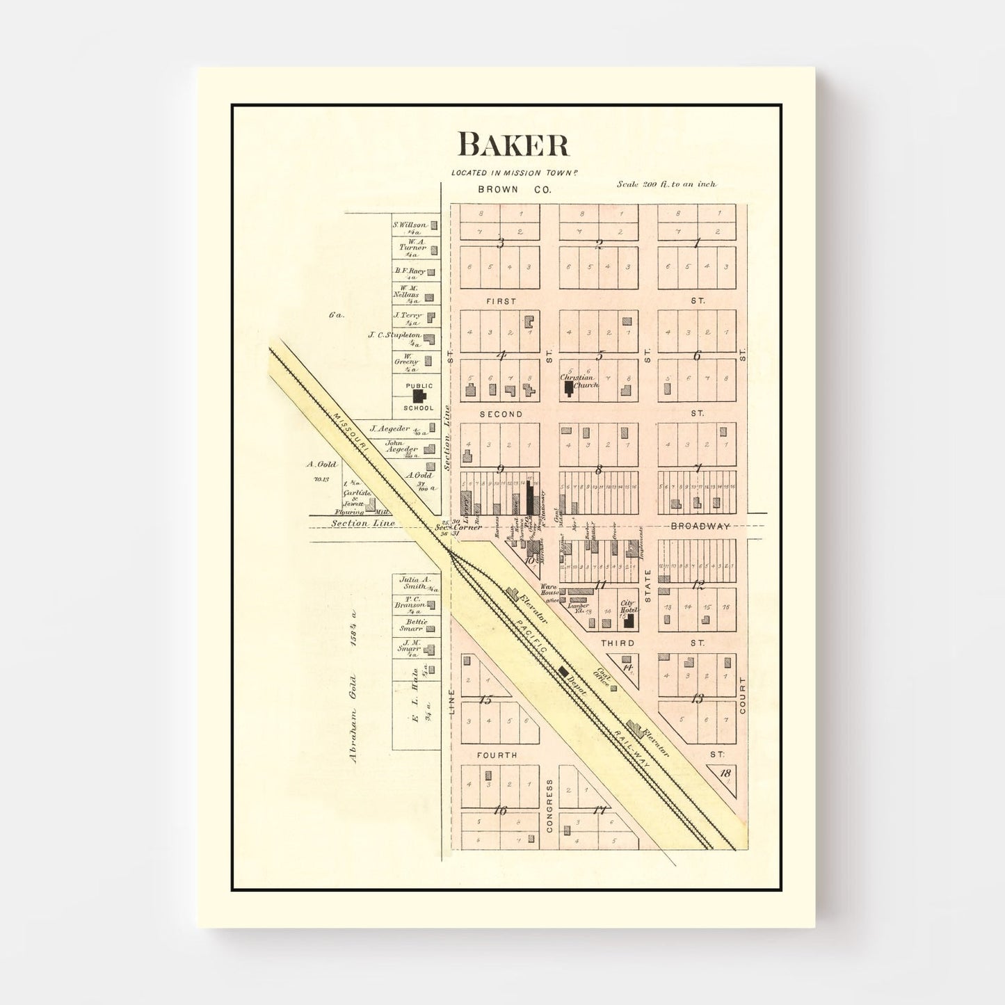 Vintage Map of Baker, Kansas, 1887