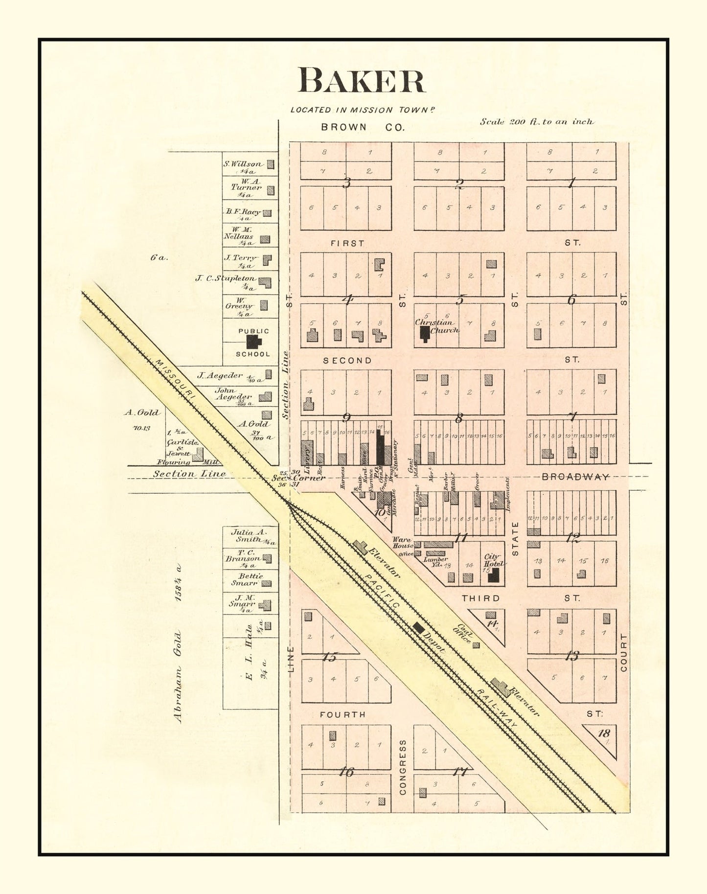 Vintage Map of Baker, Kansas, 1887