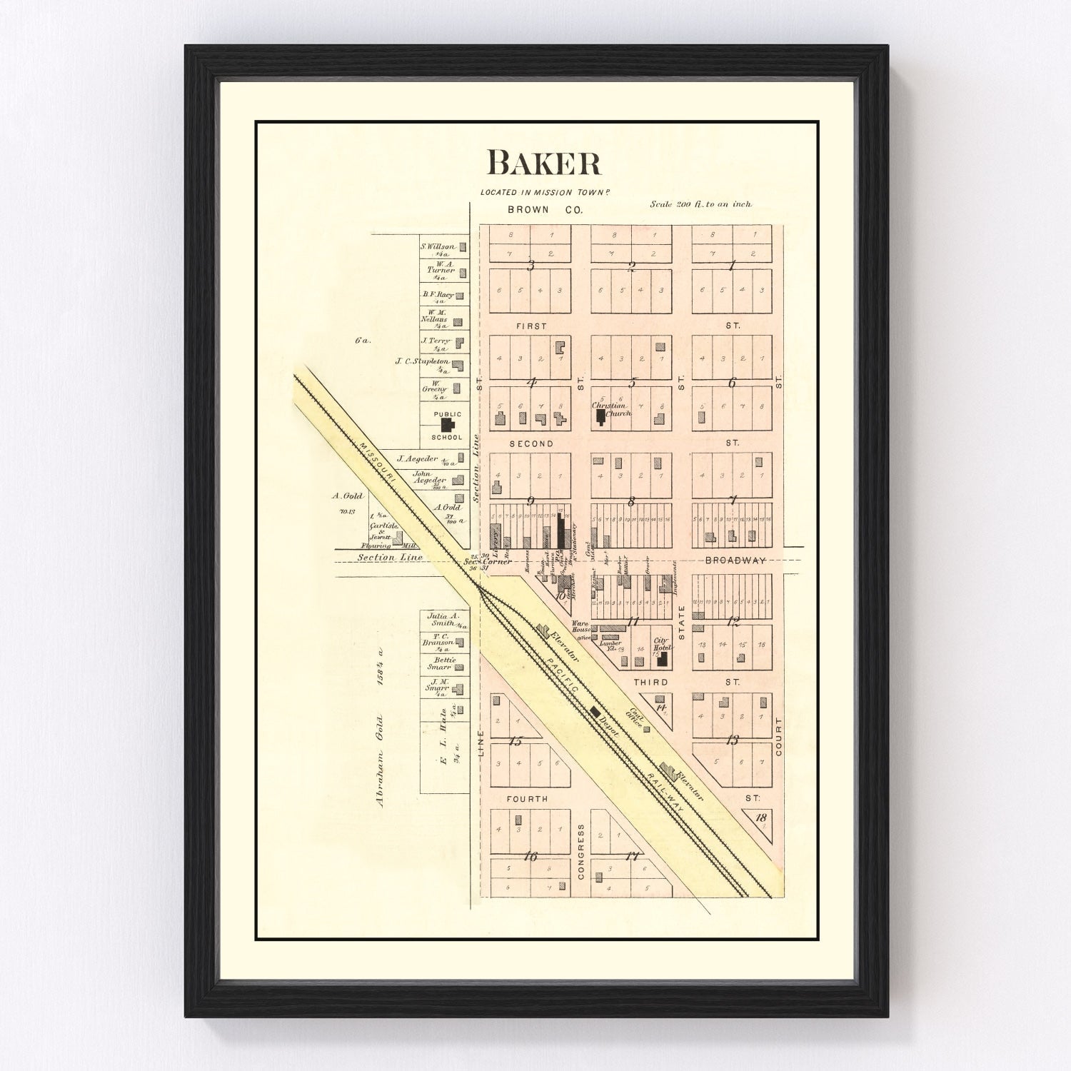 Vintage map of Baker, Kansas, 1887