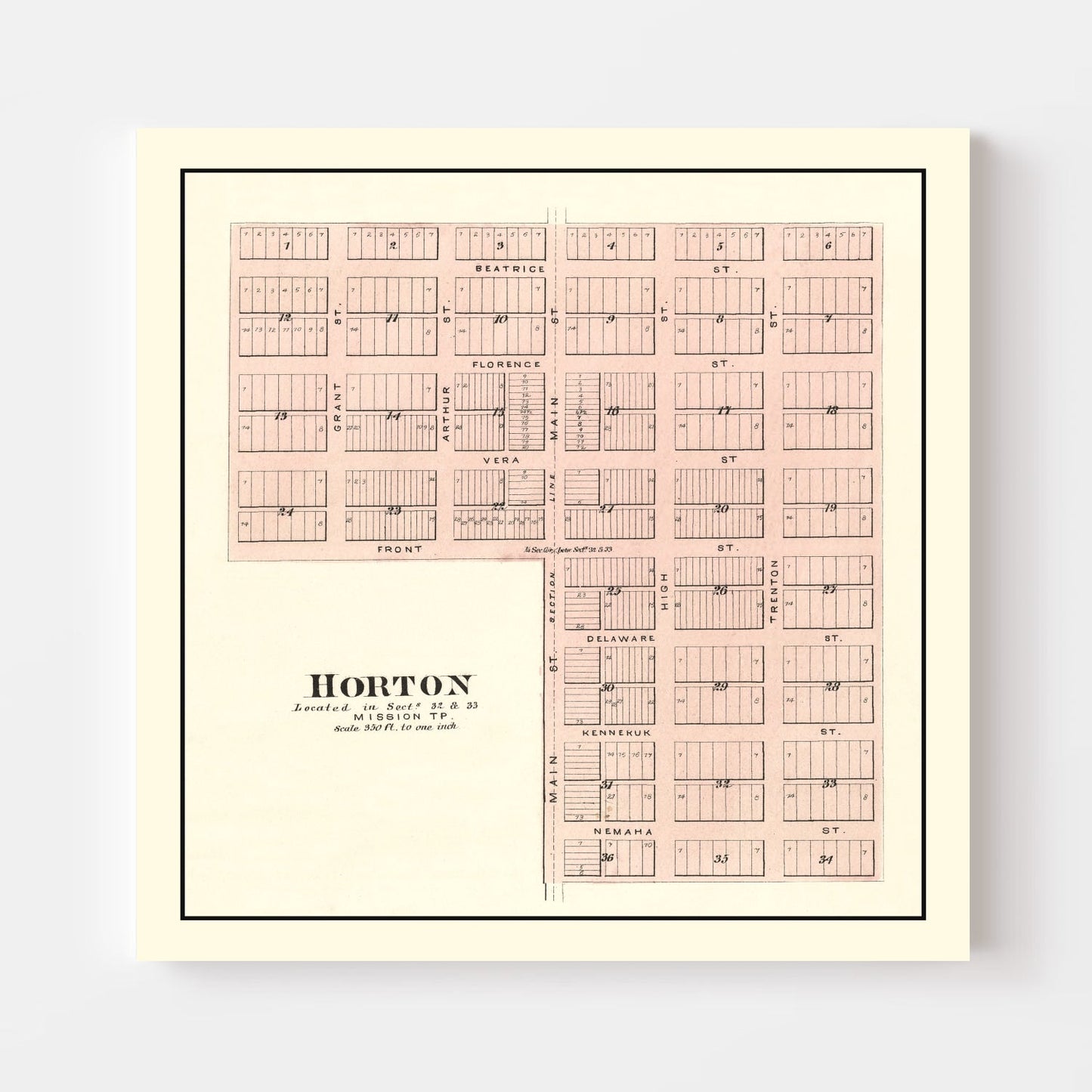 Vintage Map of Horton, Brown County, Kansas, 1887