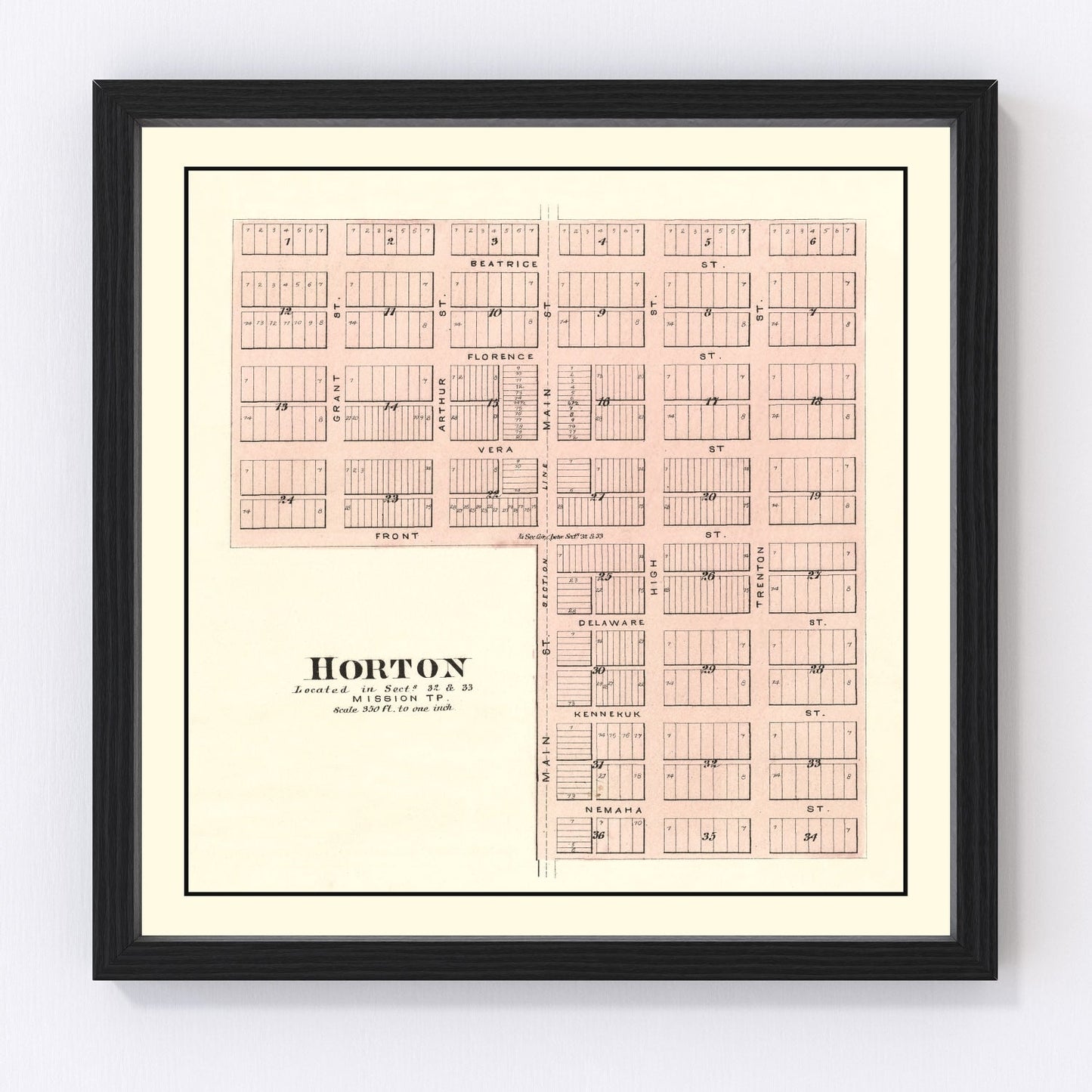 Vintage map of Horton, Brown County, Kansas, 1887