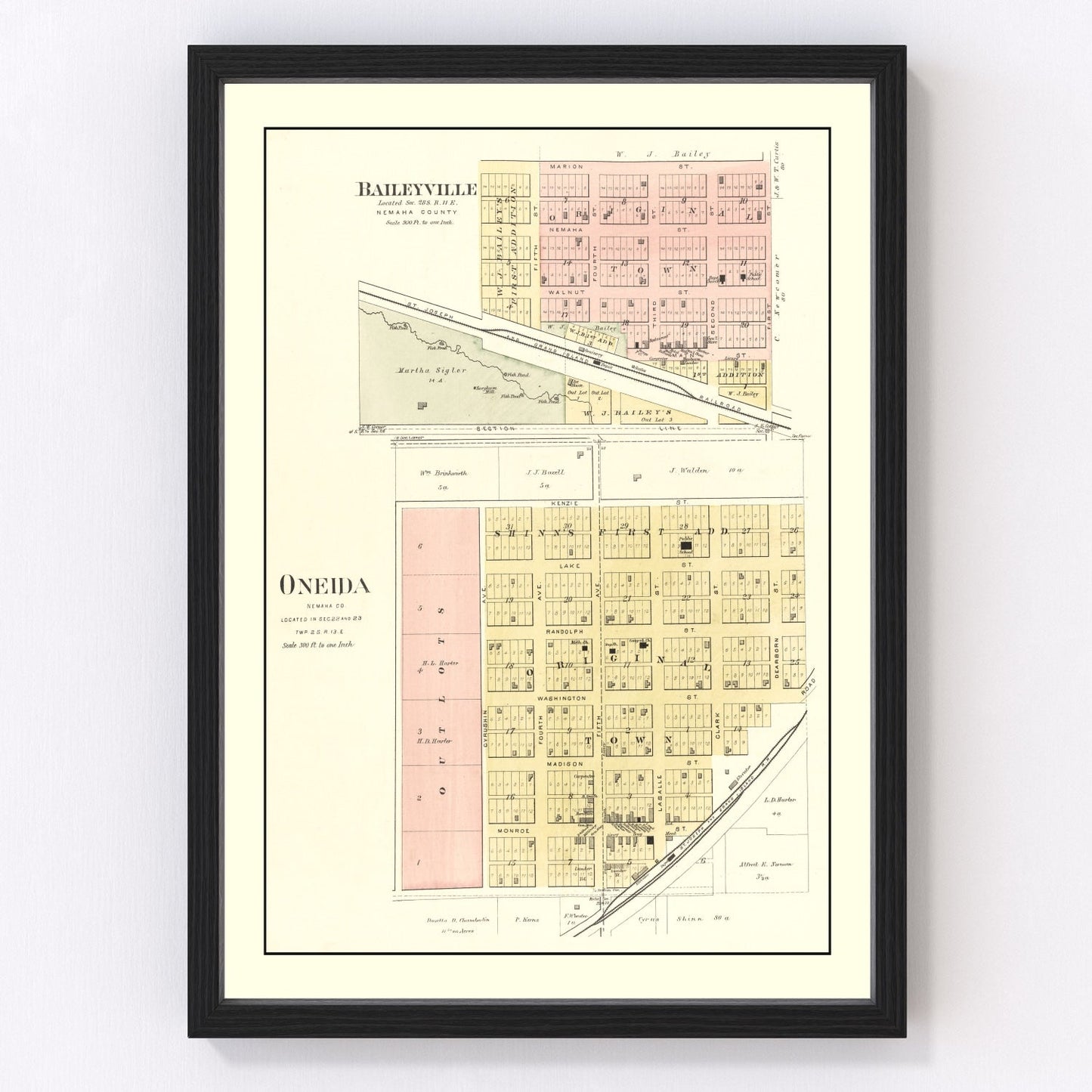 Vintage plat map of Baileyville, Kansas prairie town, 1887