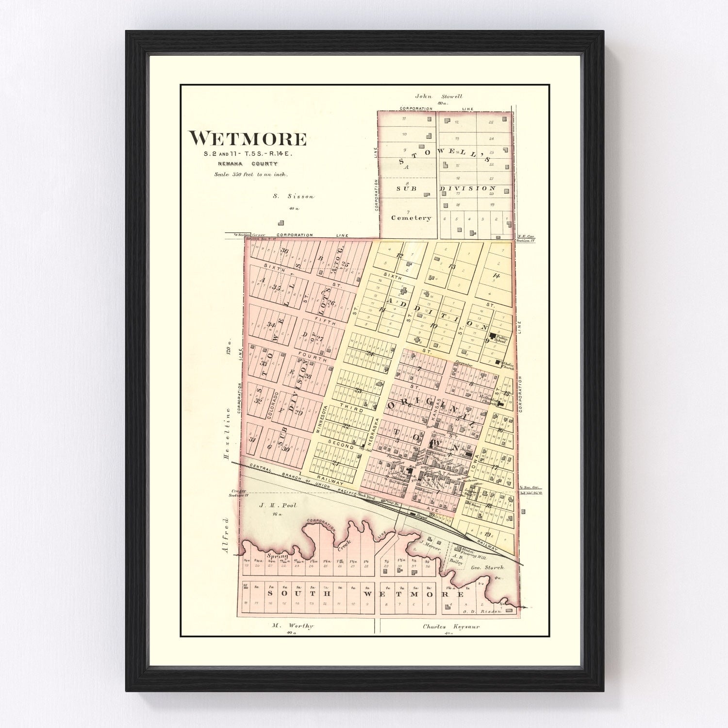 Vintage map of Wetmore, Kansas, 1887, Nemaha County prairie farming town