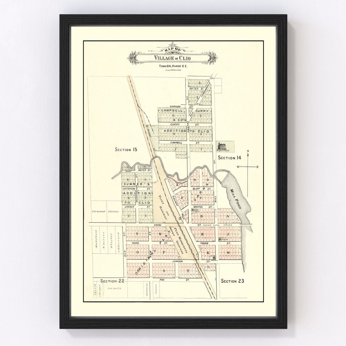 vintage map of Clio, Michigan, 1889