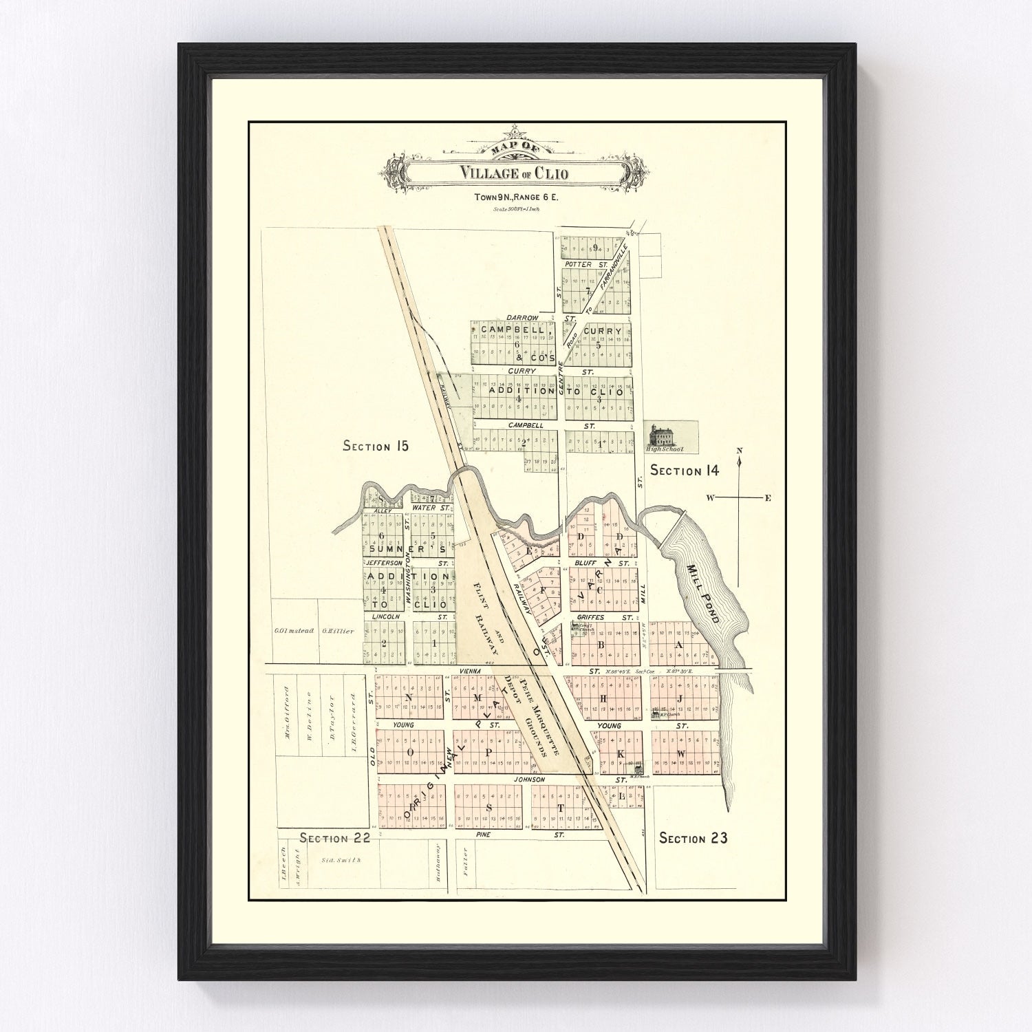 vintage map of Clio, Michigan, 1889