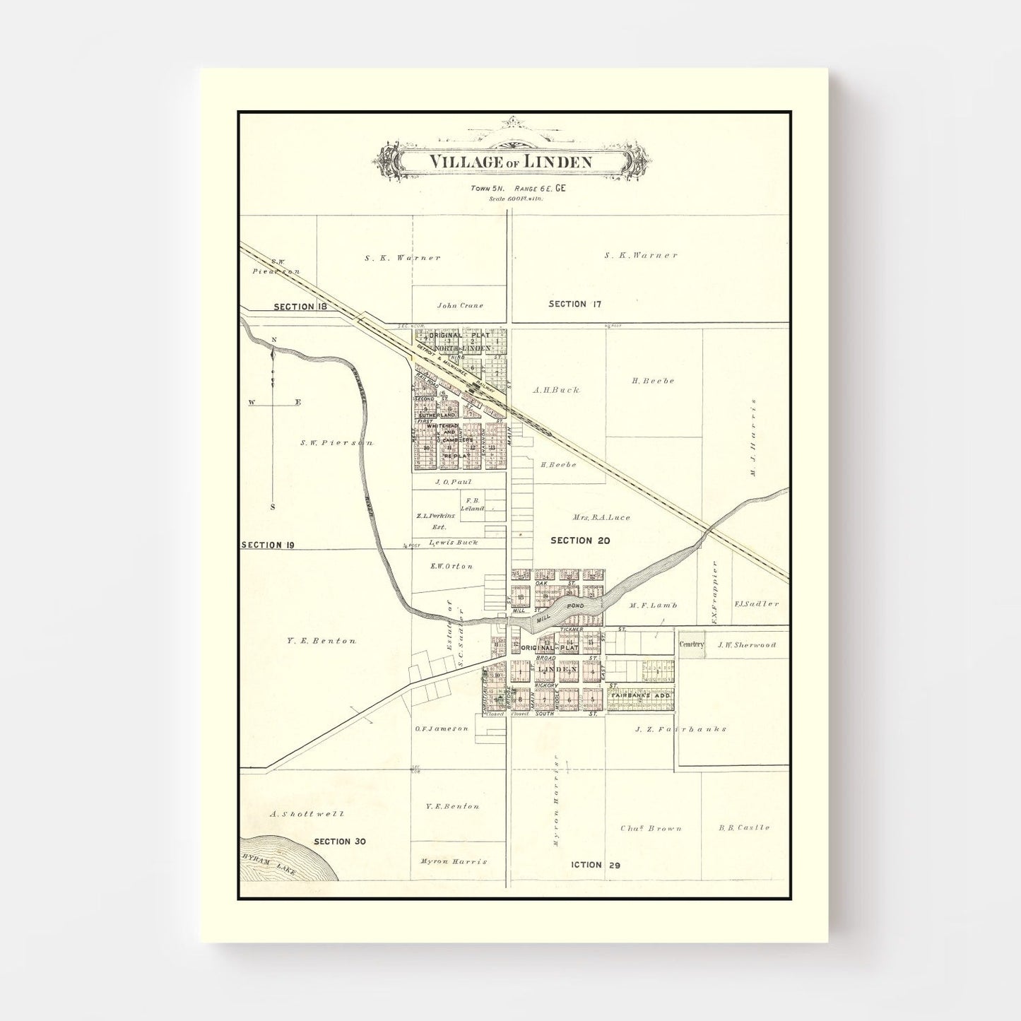 Vintage Map of Linden, Michigan, 1889
