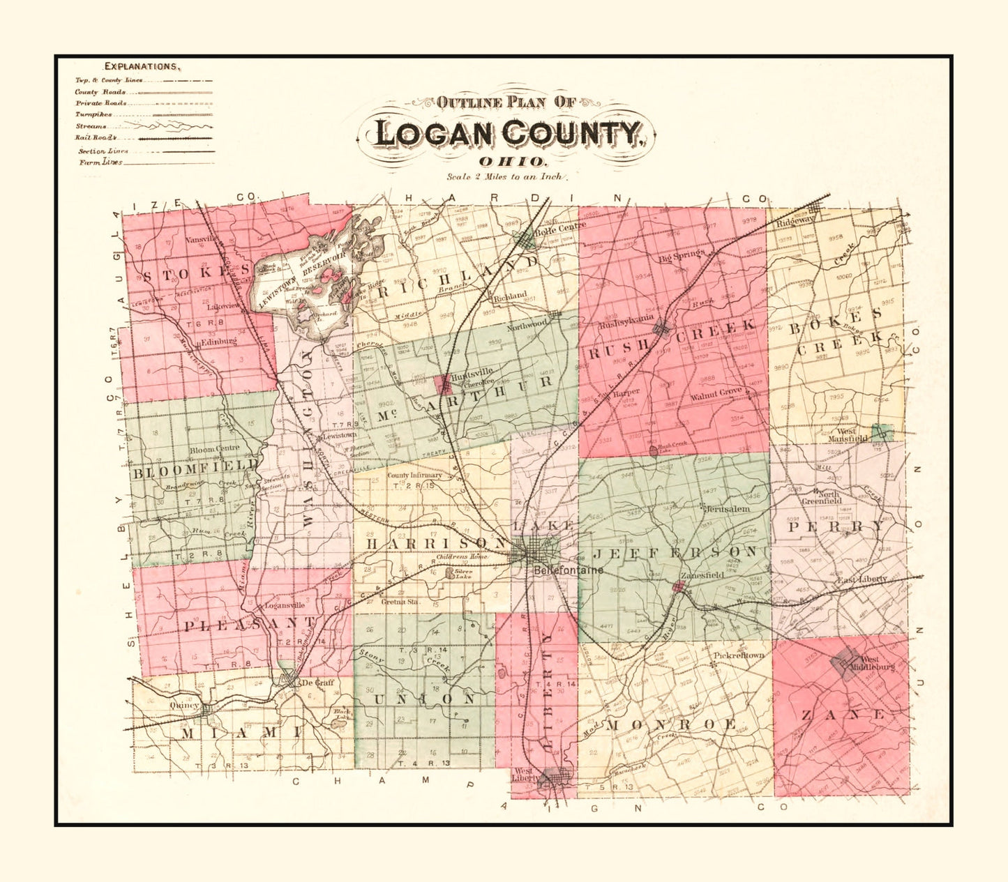 Vintage Map of Logan County, Ohio, 1890