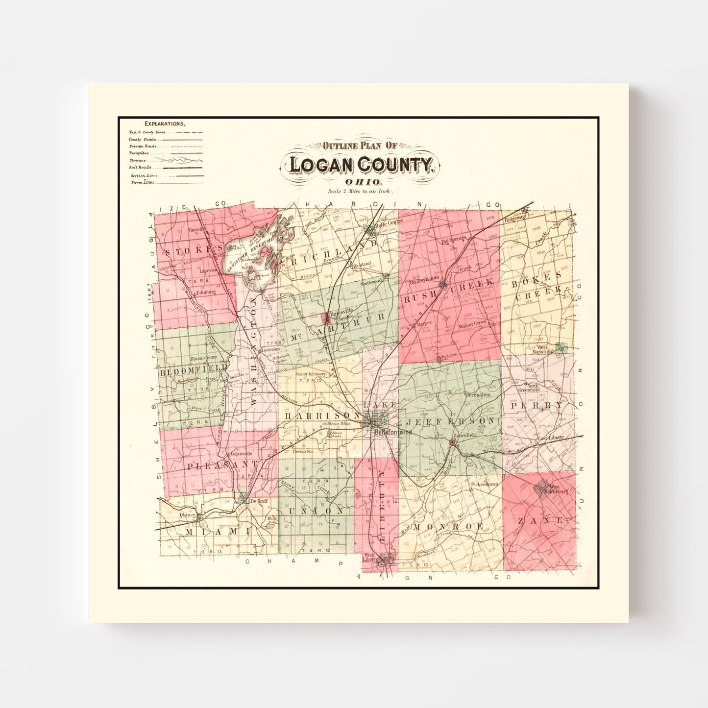 Vintage Map of Logan County, Ohio, 1890