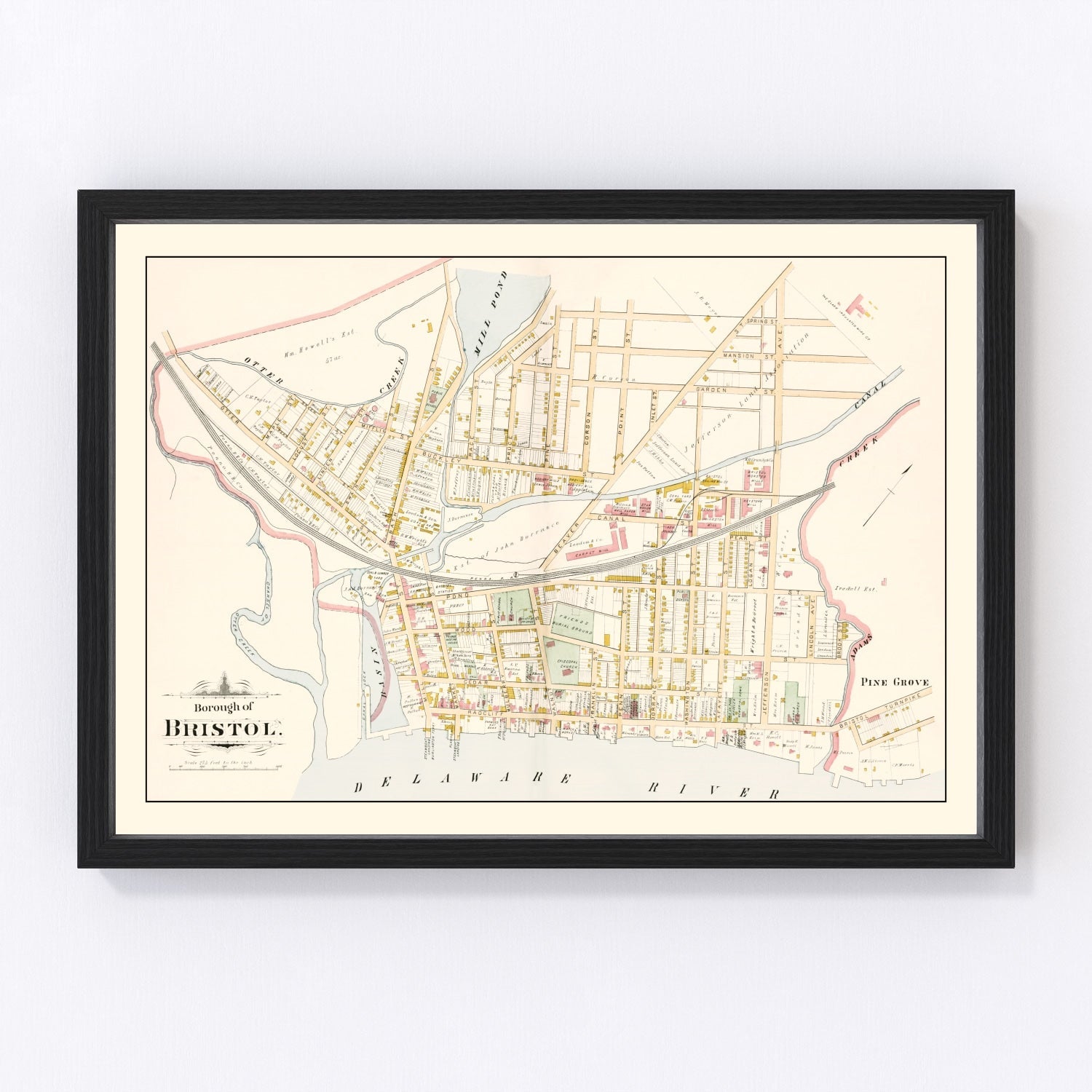 vintage map of Bristol Pennsylvania, 1891, restored print wall art