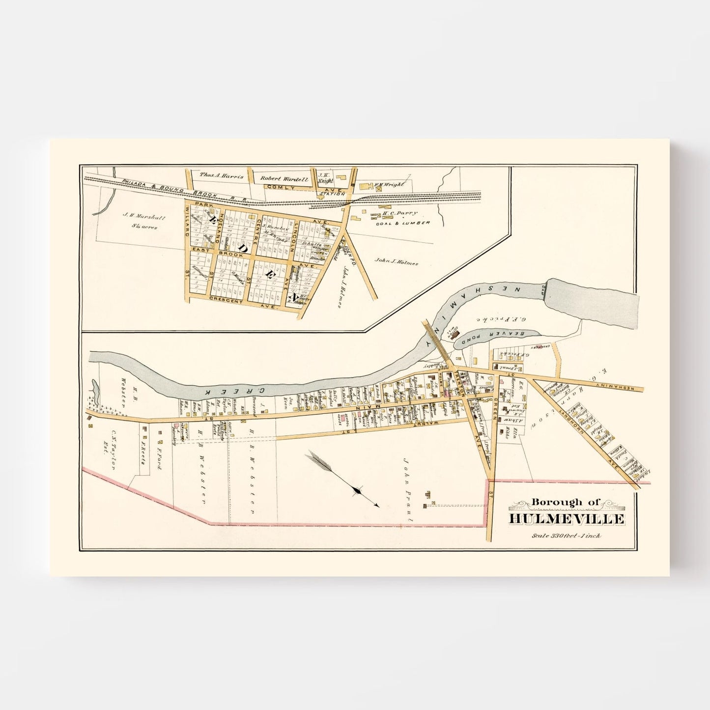 Vintage Map of Hulmeville, Bucks County, Pennsylvania, 1891
