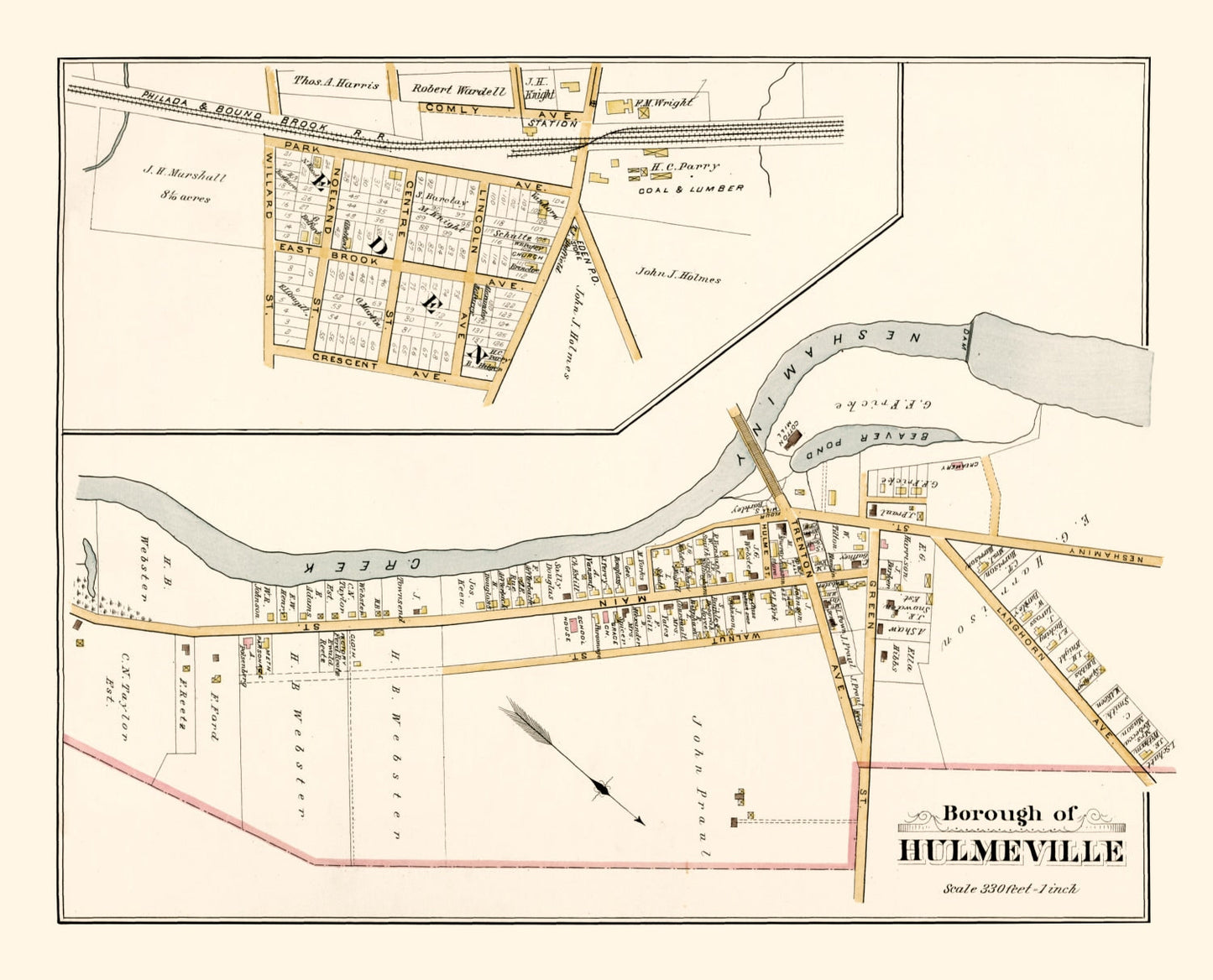 Vintage Map of Hulmeville, Bucks County, Pennsylvania, 1891