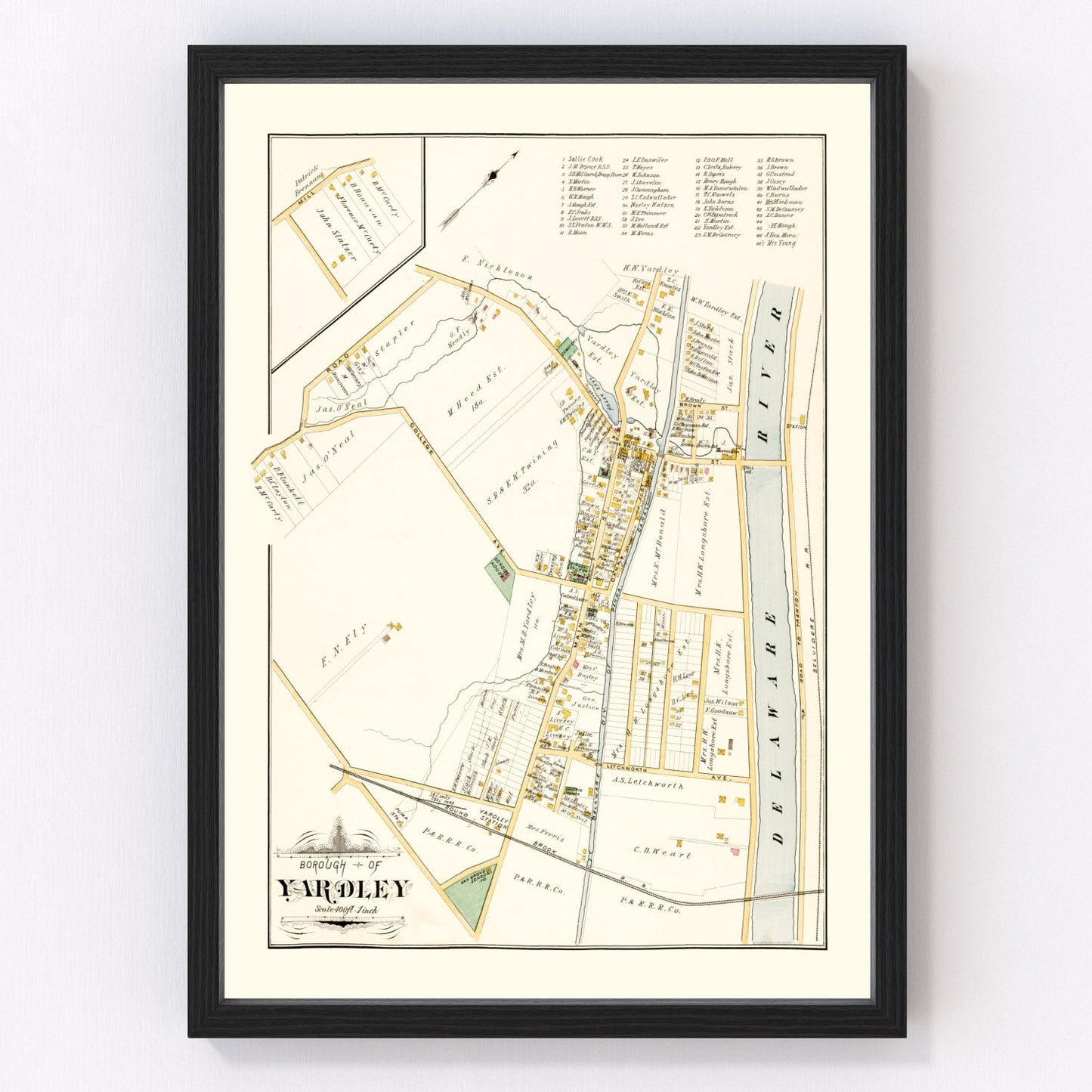Vintage map of Yardley, Pennsylvania, 1891, Bucks County restored print