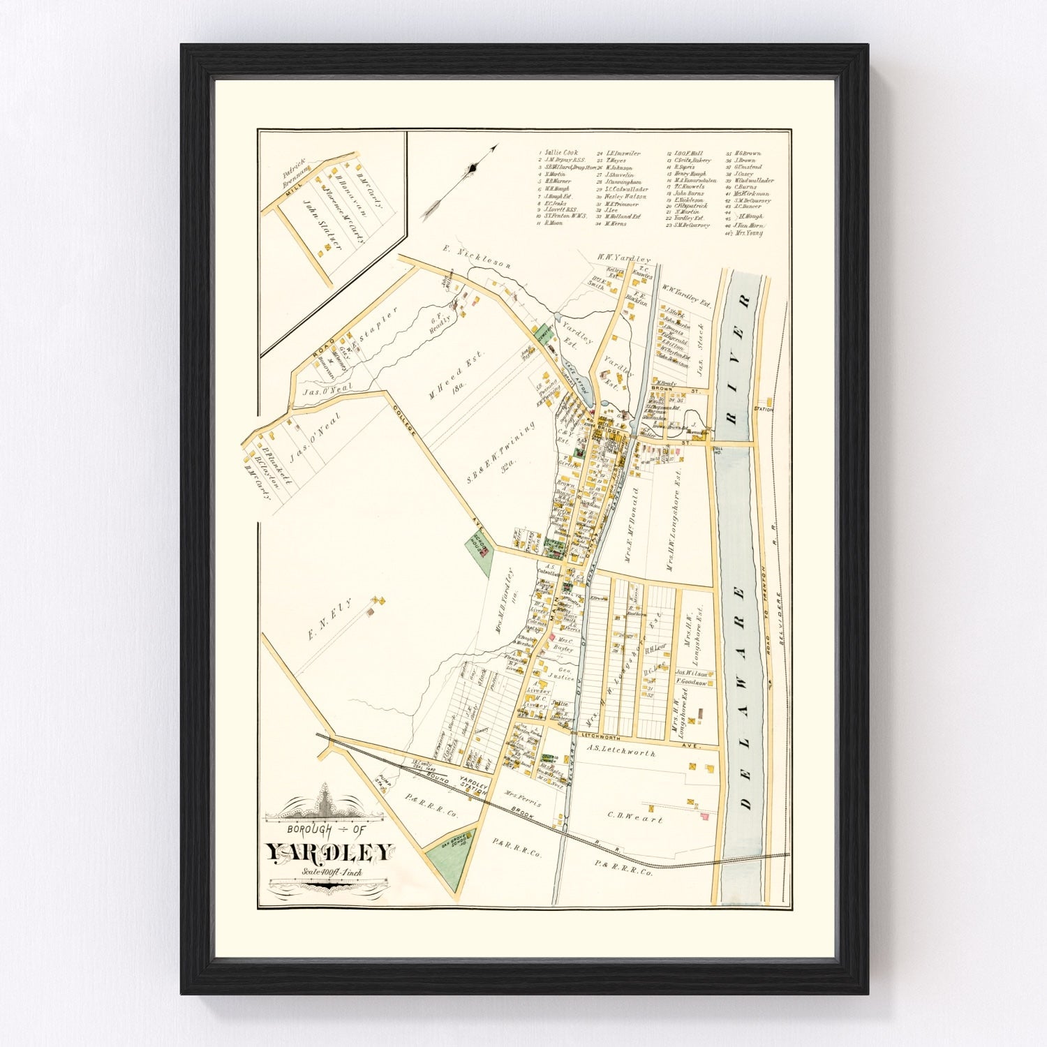 Vintage map of Yardley, Pennsylvania, 1891, Bucks County restored print