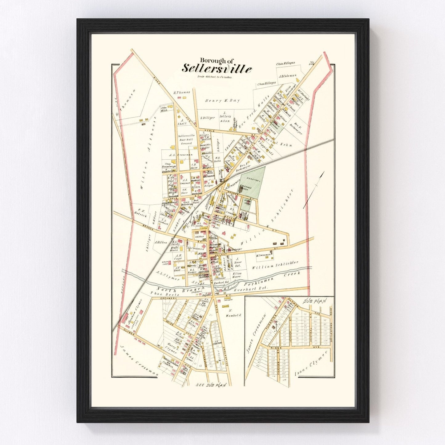 vintage map of Sellersville, Pennsylvania, 1891