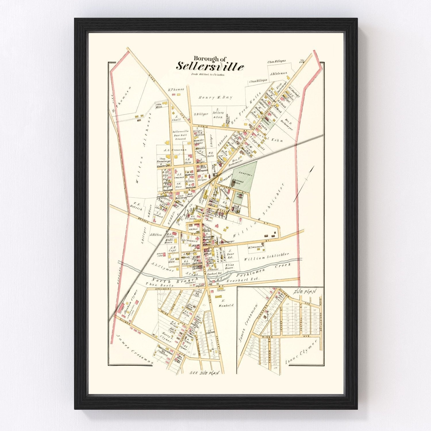 vintage map of Sellersville, Pennsylvania, 1891