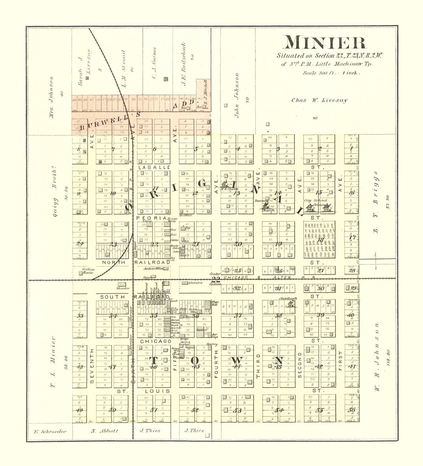 Vintage Map of Minier, Illinois, 1891