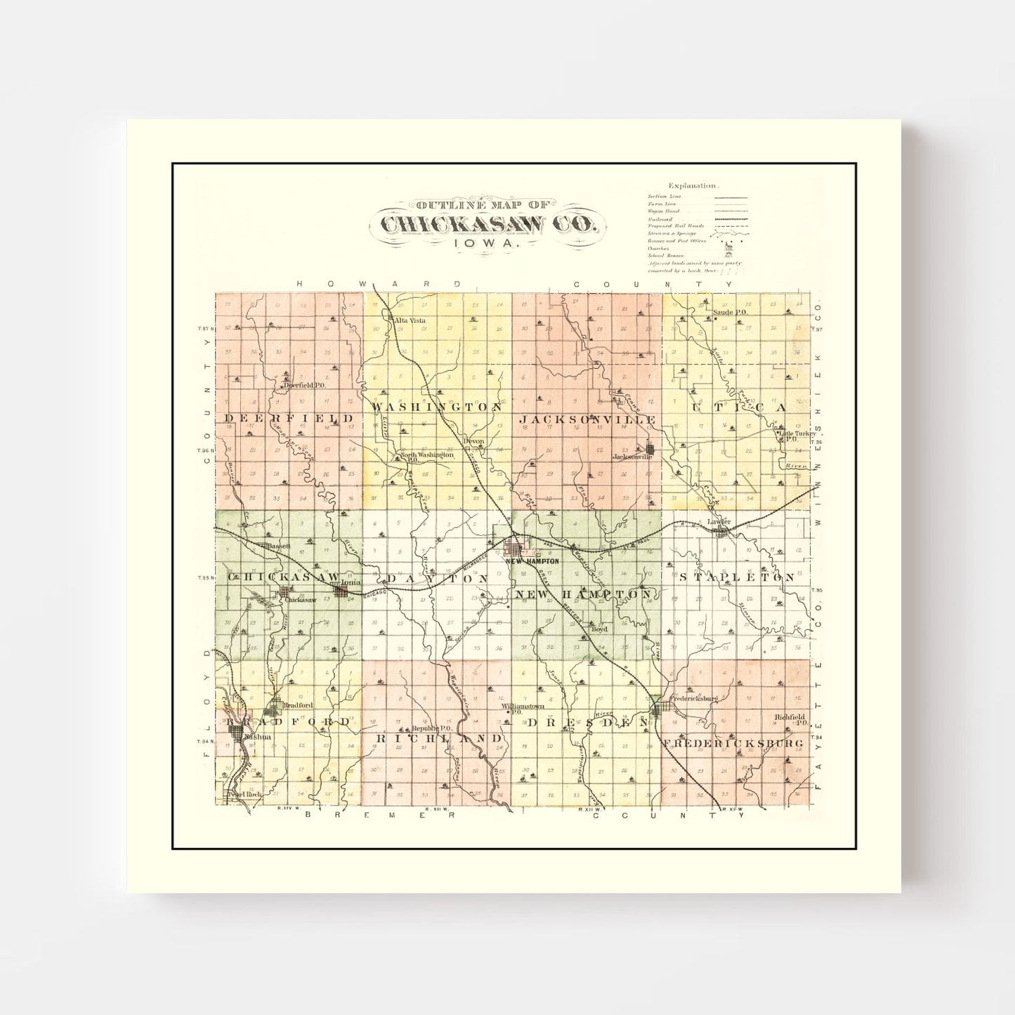 Vintage Map of Chickasaw County, Iowa, 1892