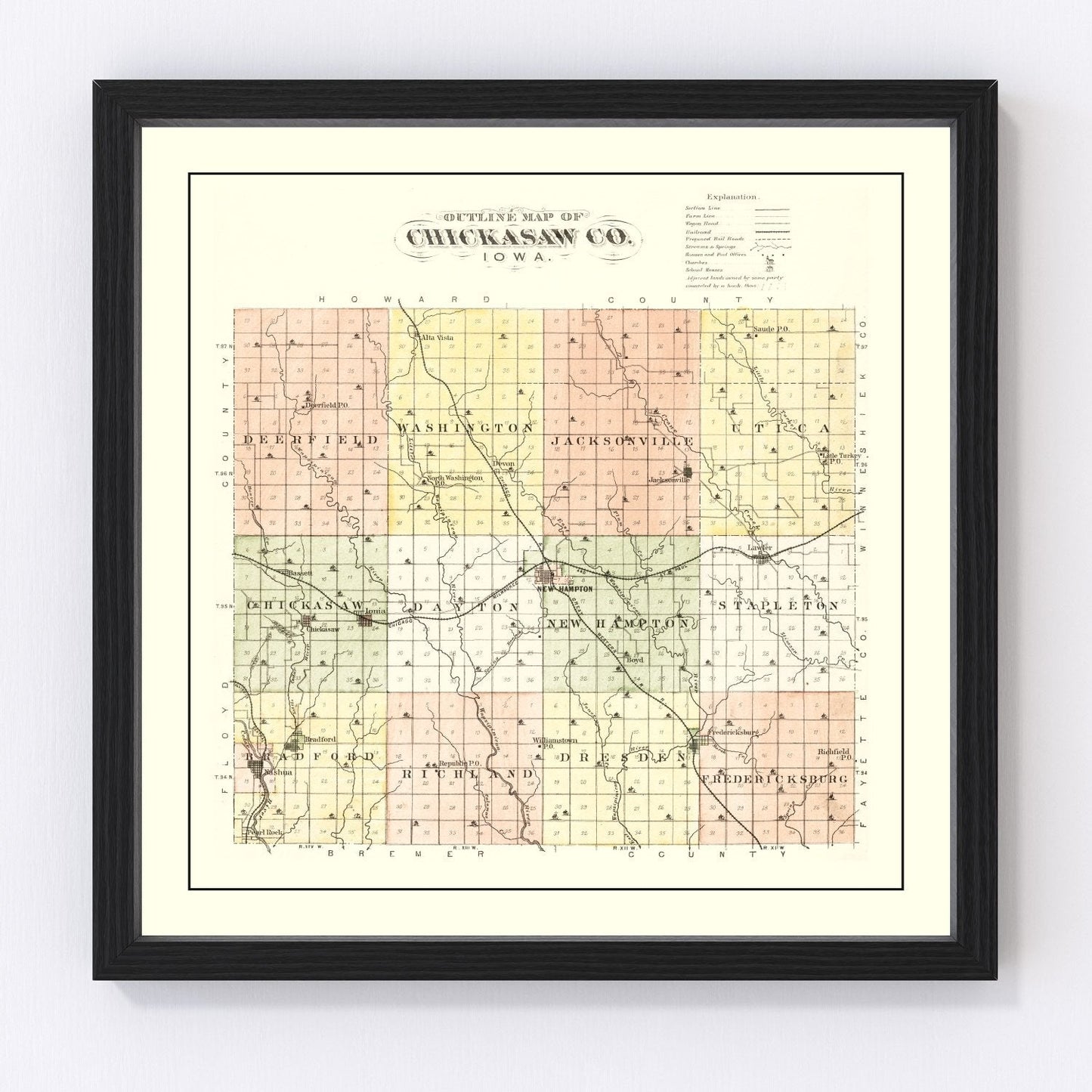 Vintage map of Chickasaw County, Iowa, 1892 - digitally restored wall art print