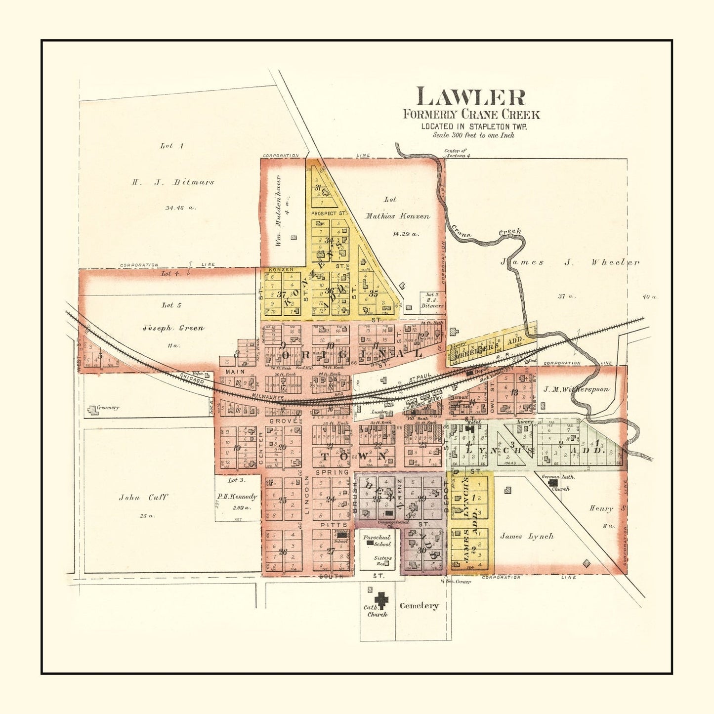 Vintage Map of Lawler, Iowa, 1892
