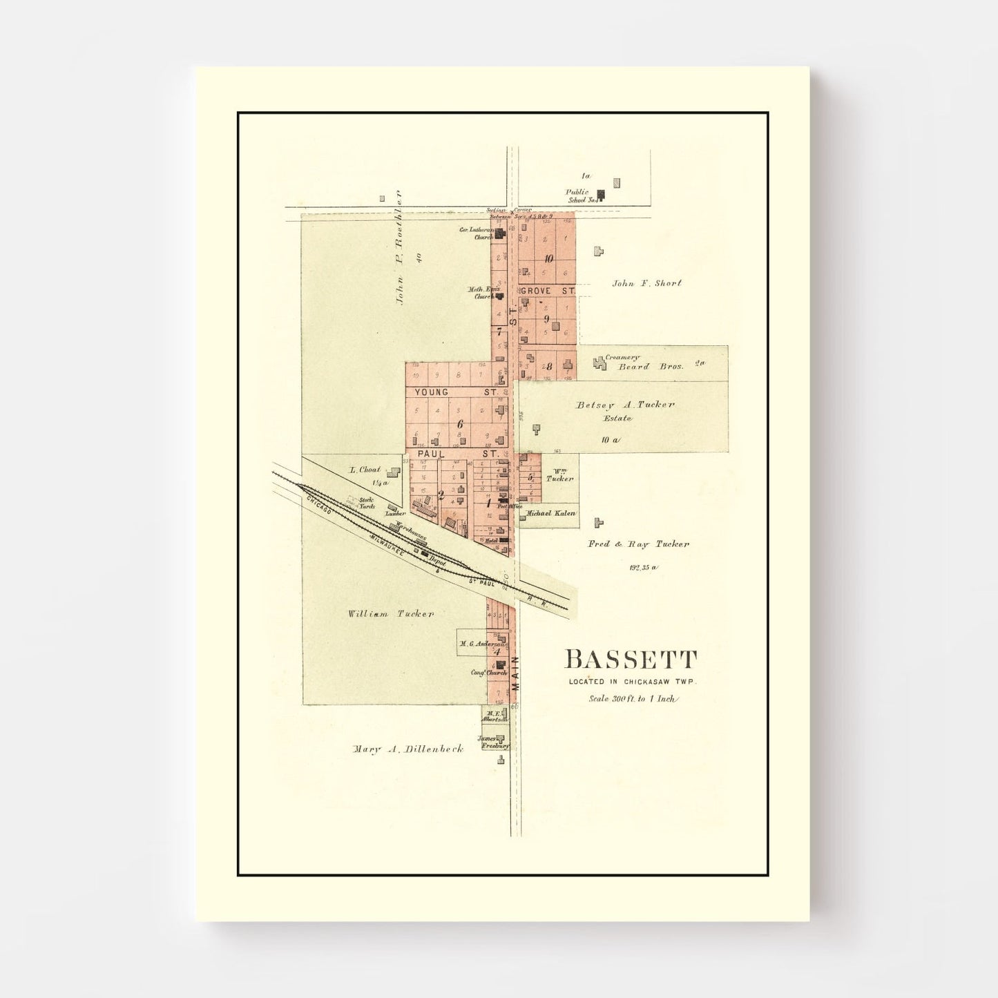 Vintage Map of Bassett, Iowa, 1892