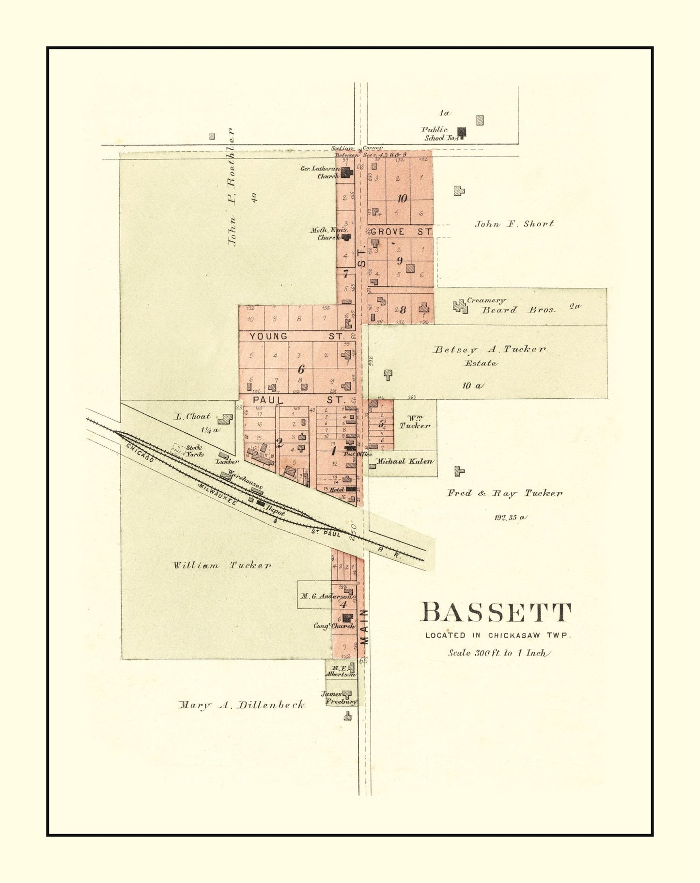 Vintage Map of Bassett, Iowa, 1892