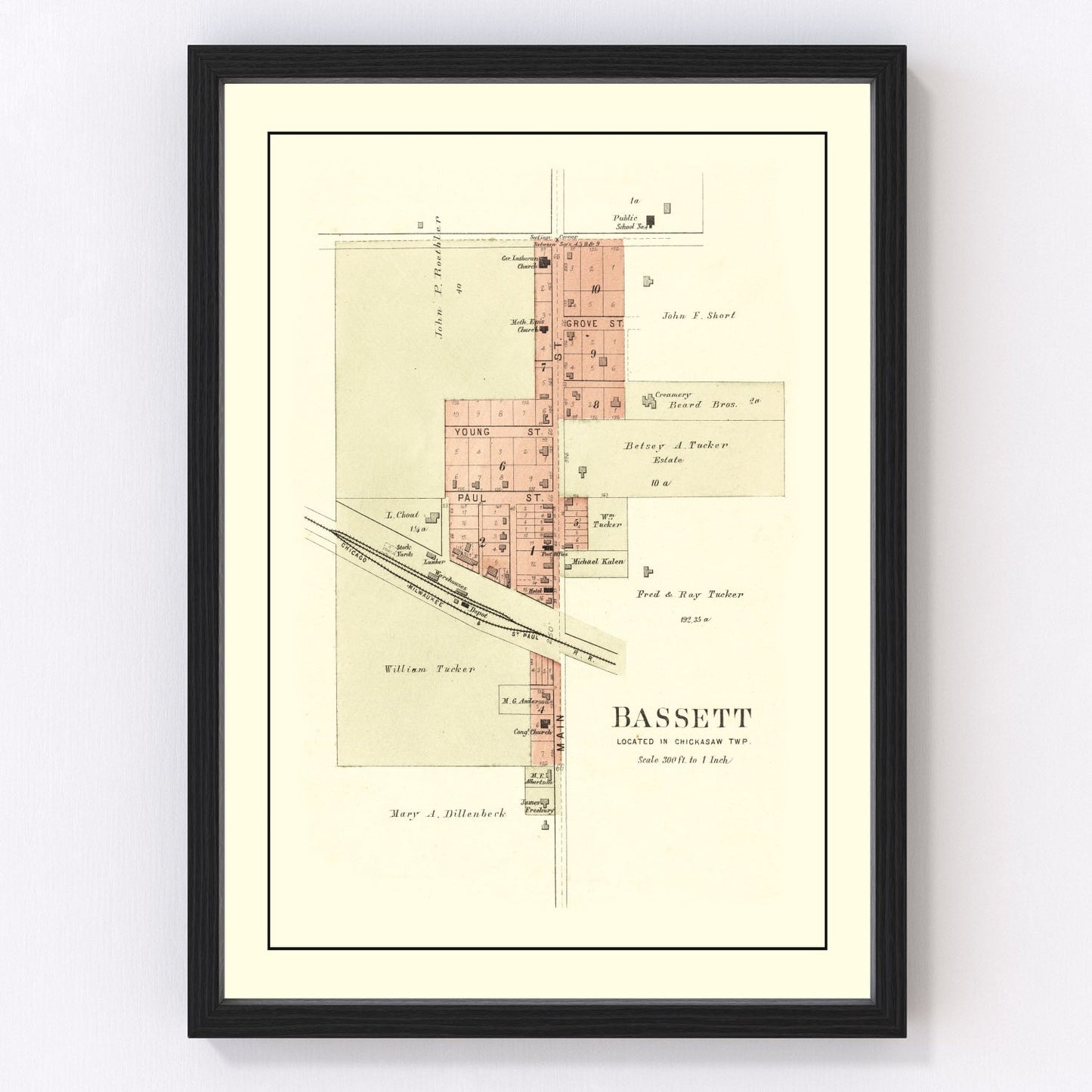 Vintage map of Bassett, Iowa, 1892