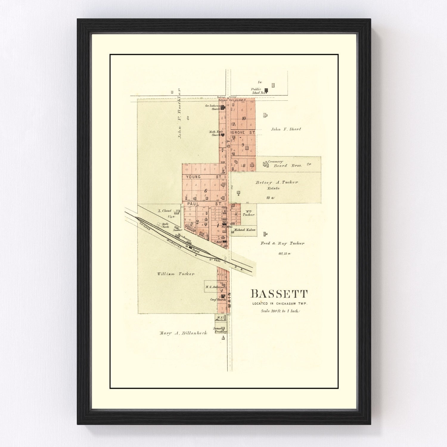 Vintage map of Bassett, Iowa, 1892