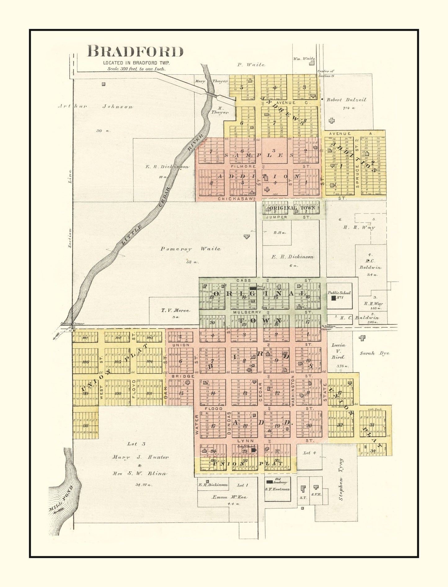 Vintage Map of Bradford, Iowa 1892