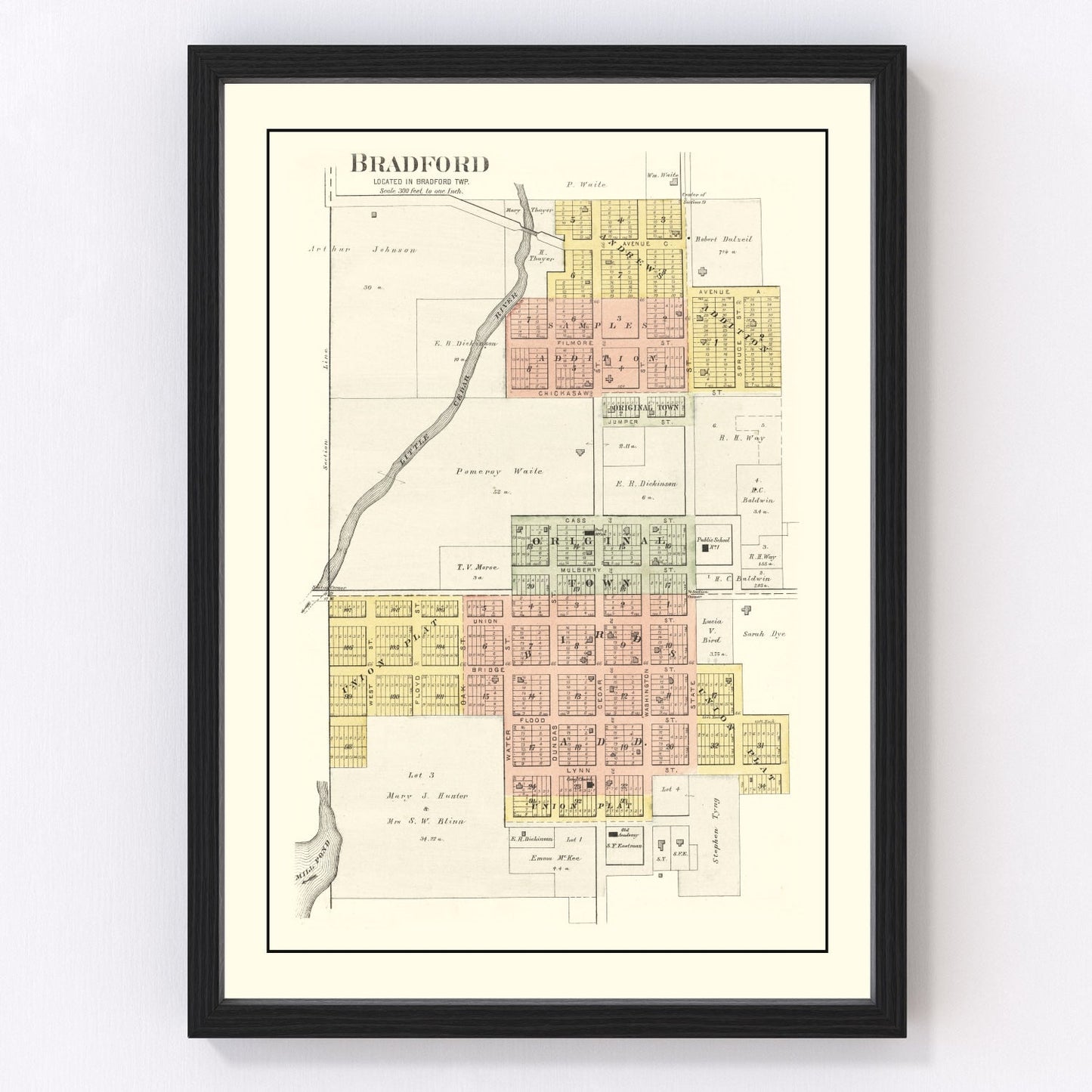 vintage map of Bradford Iowa, 1892, restored print wall art