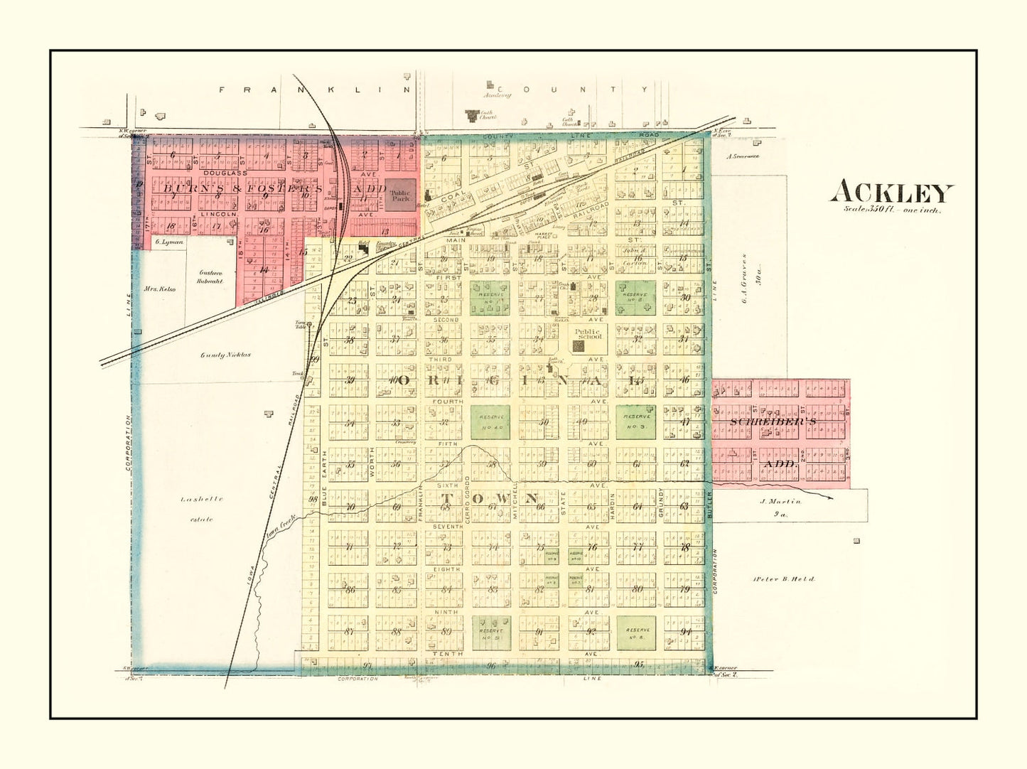 Vintage Map of Ackley, Iowa, 1892