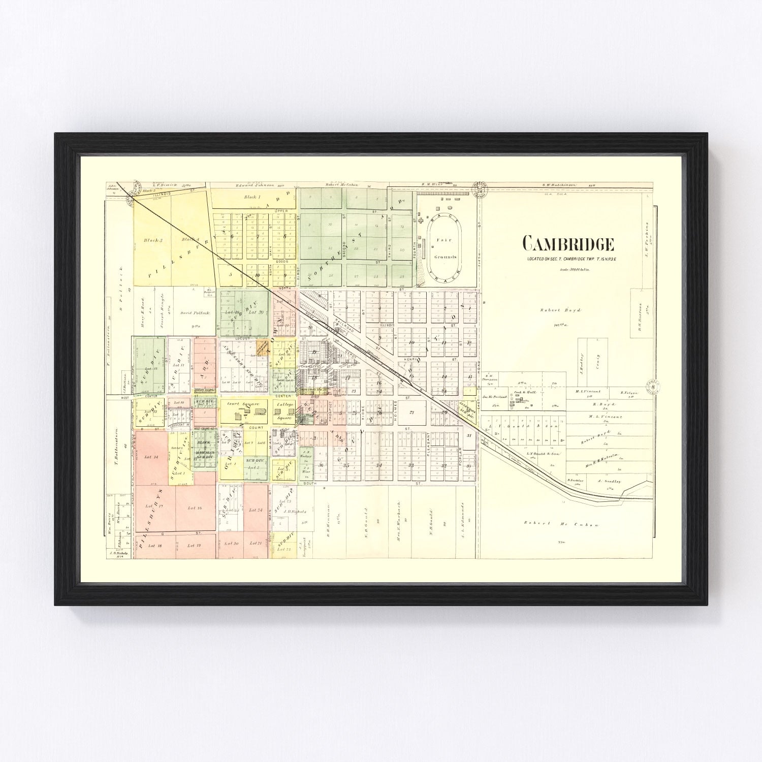Vintage map of Cambridge, Henry County, Illinois, 1893, restored print