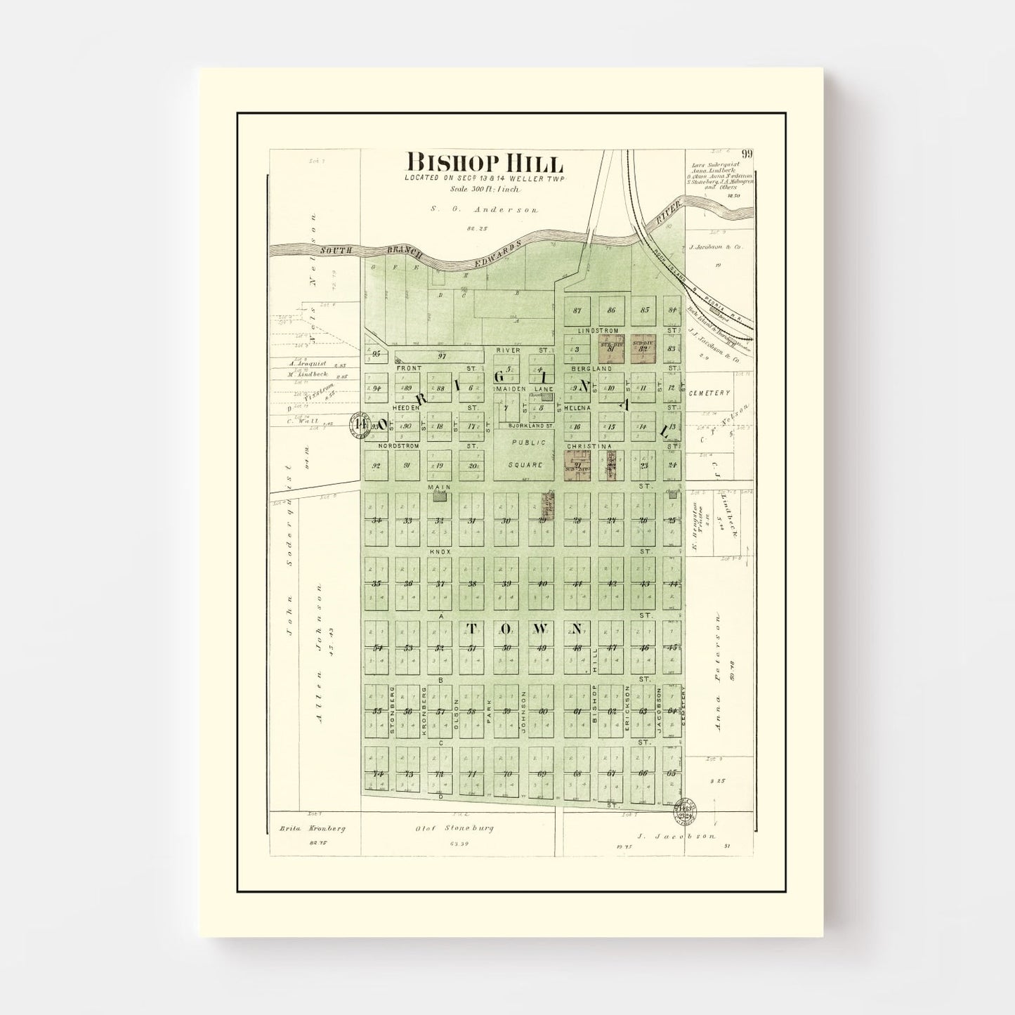 Vintage Map of Bishop Hill, Illinois, 1893