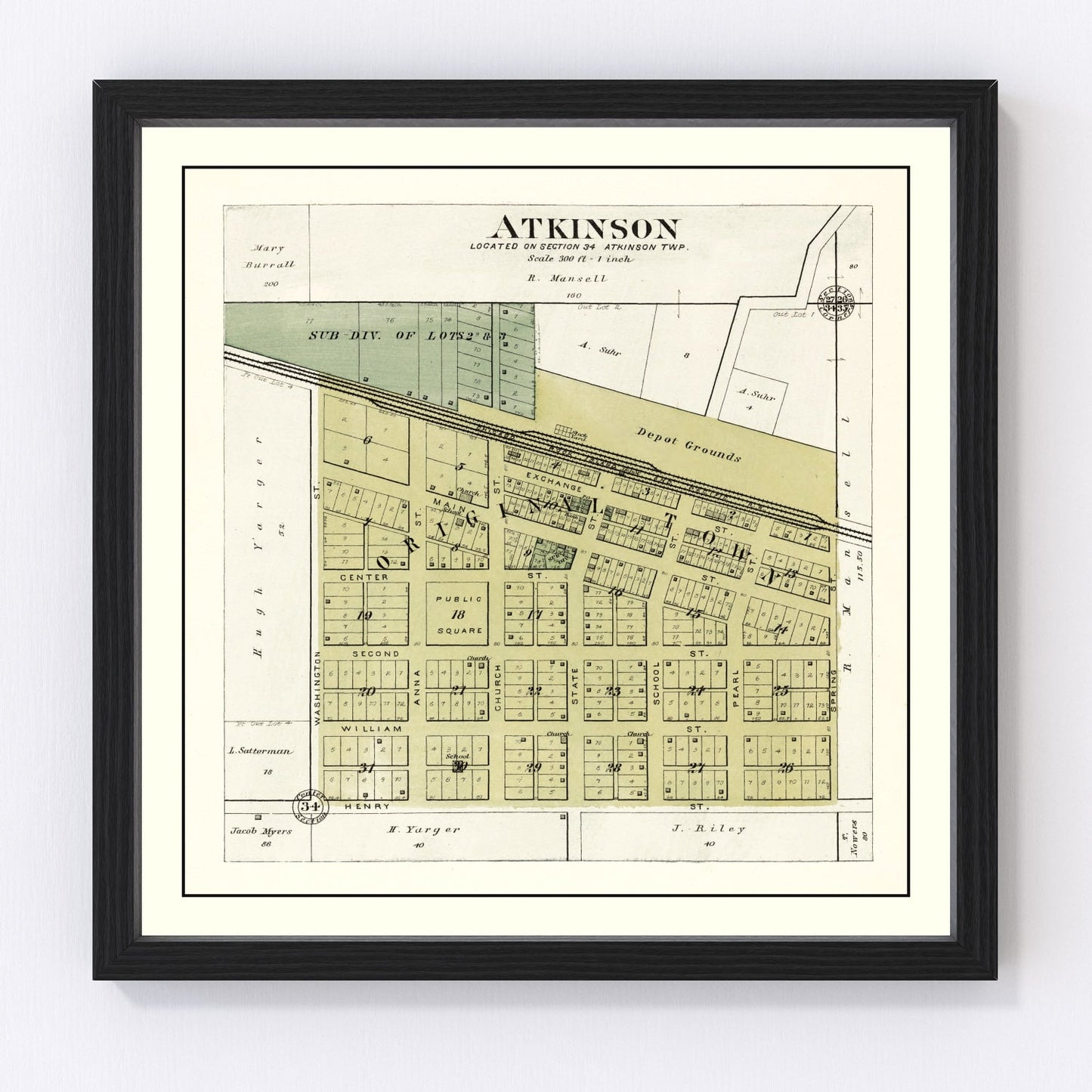 Vintage plat map of Atkinson, Illinois prairie town, 1893