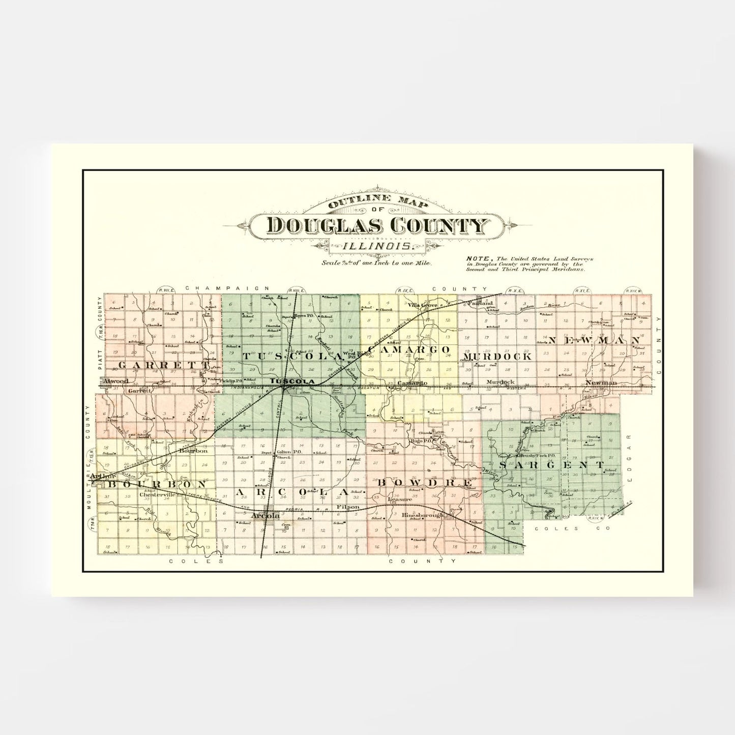 Vintage Map of Douglas County, Illinois, 1893