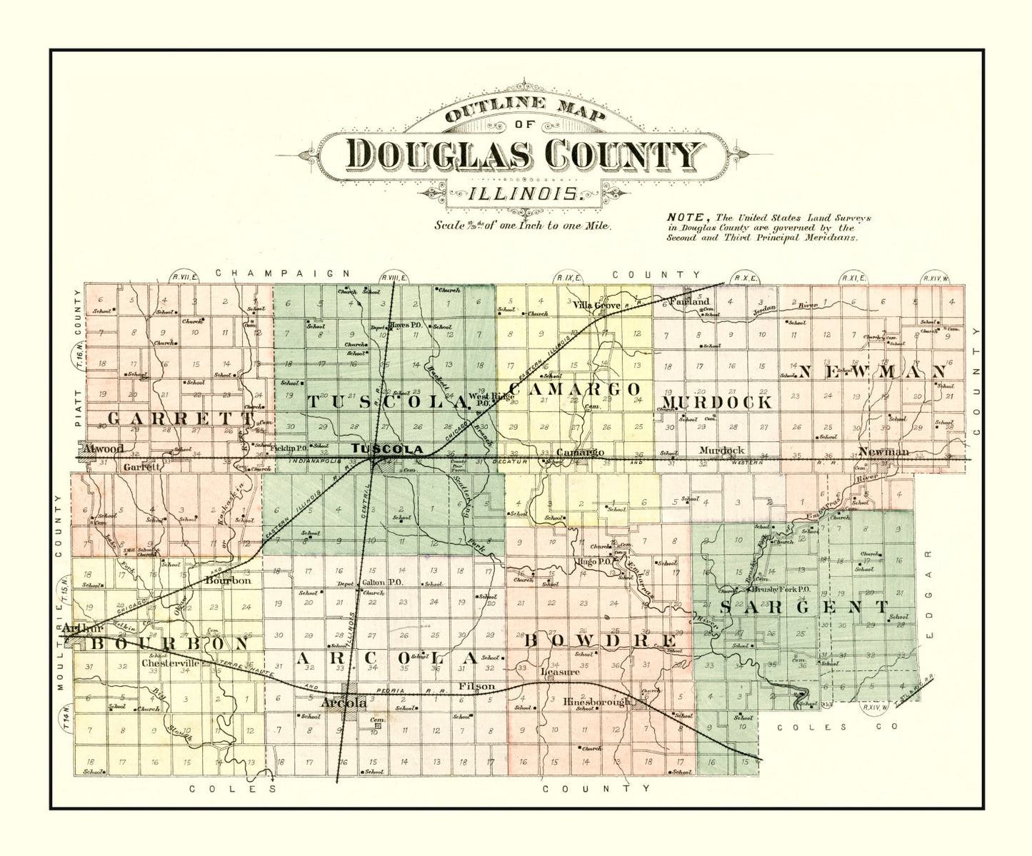 Vintage Map of Douglas County, Illinois, 1893