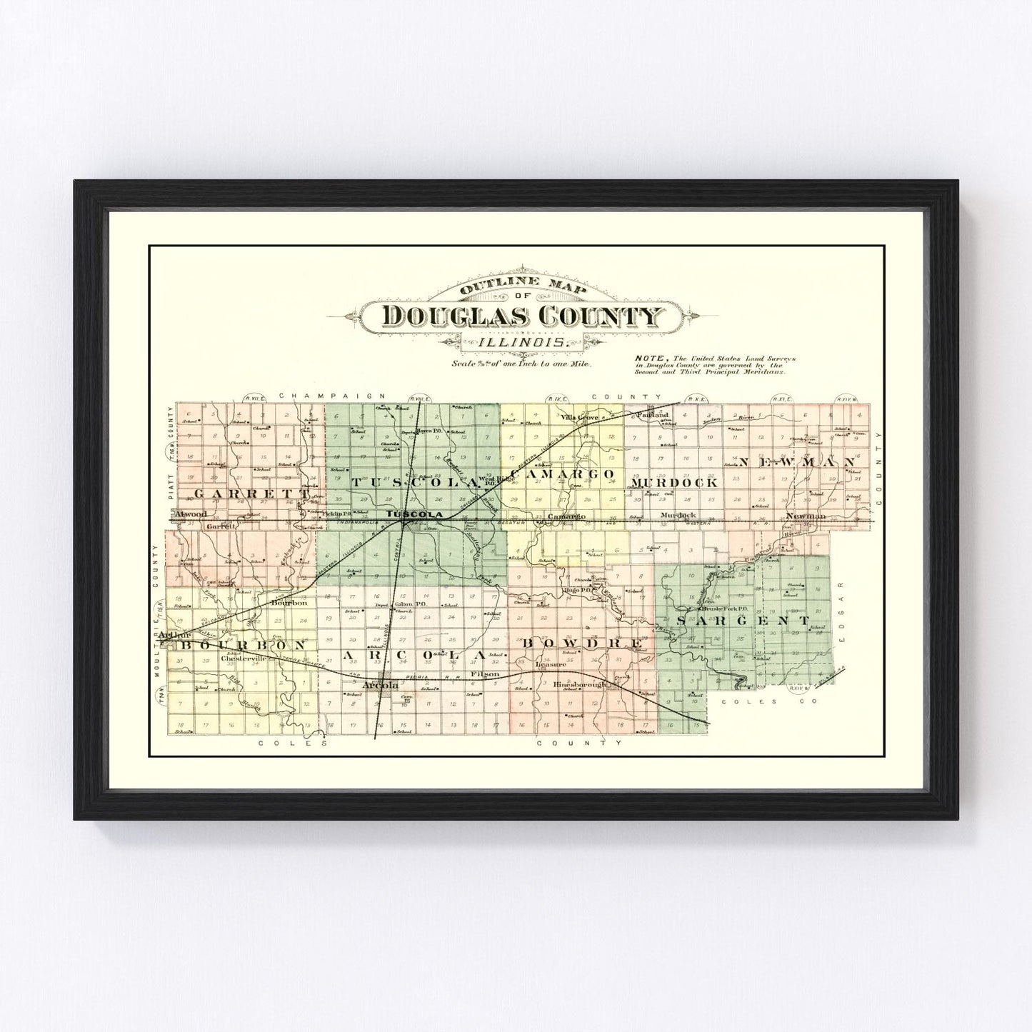 vintage map of douglas county, illinois, 1893
