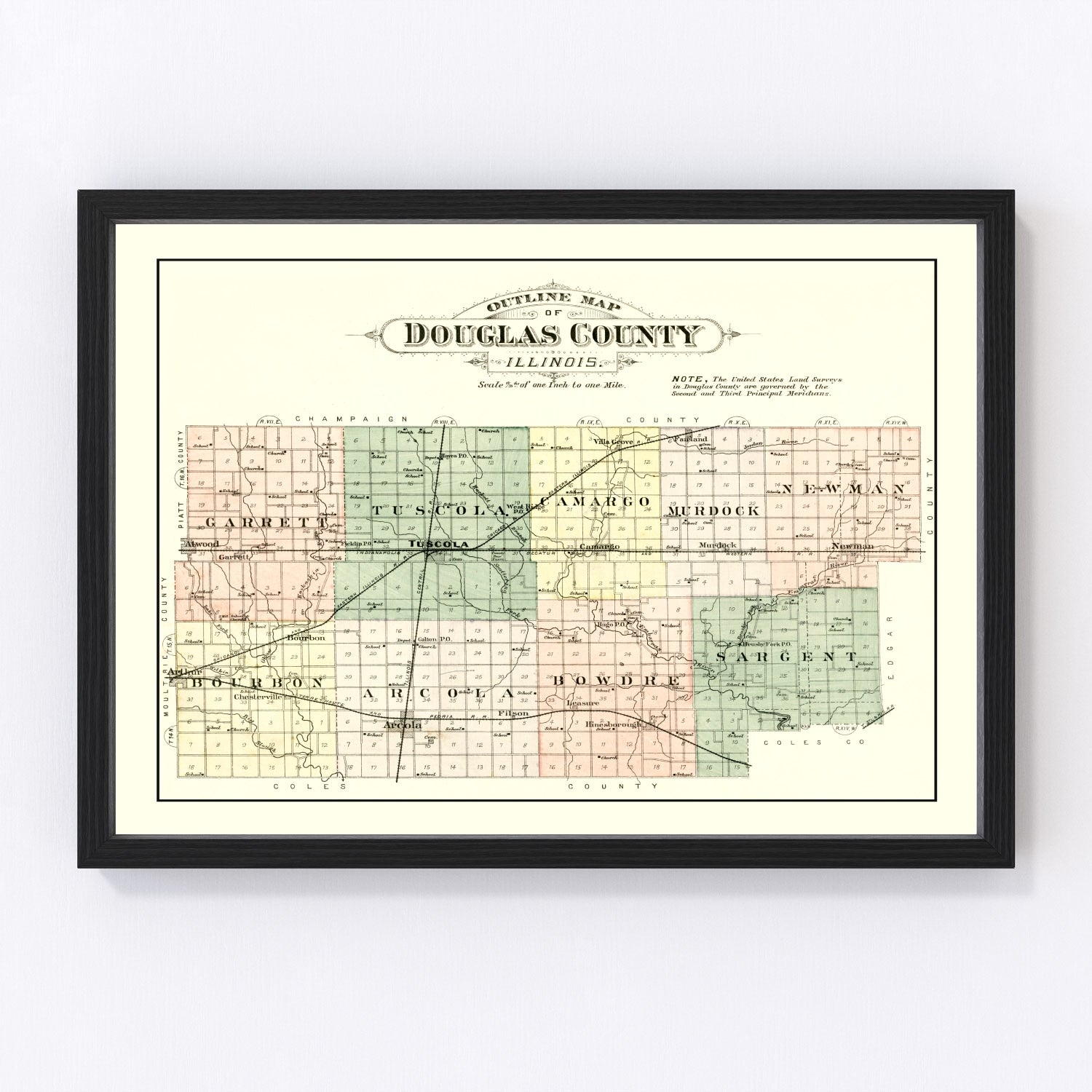vintage map of douglas county, illinois, 1893