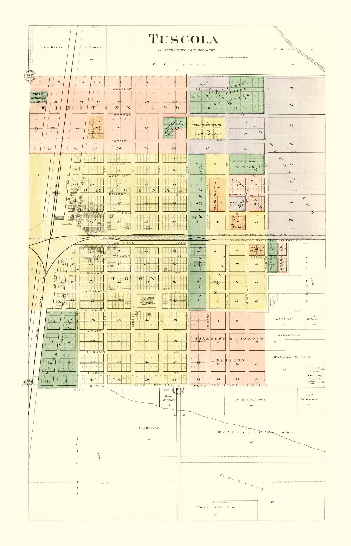 Vintage Map of Tuscola, Illinois, 1893