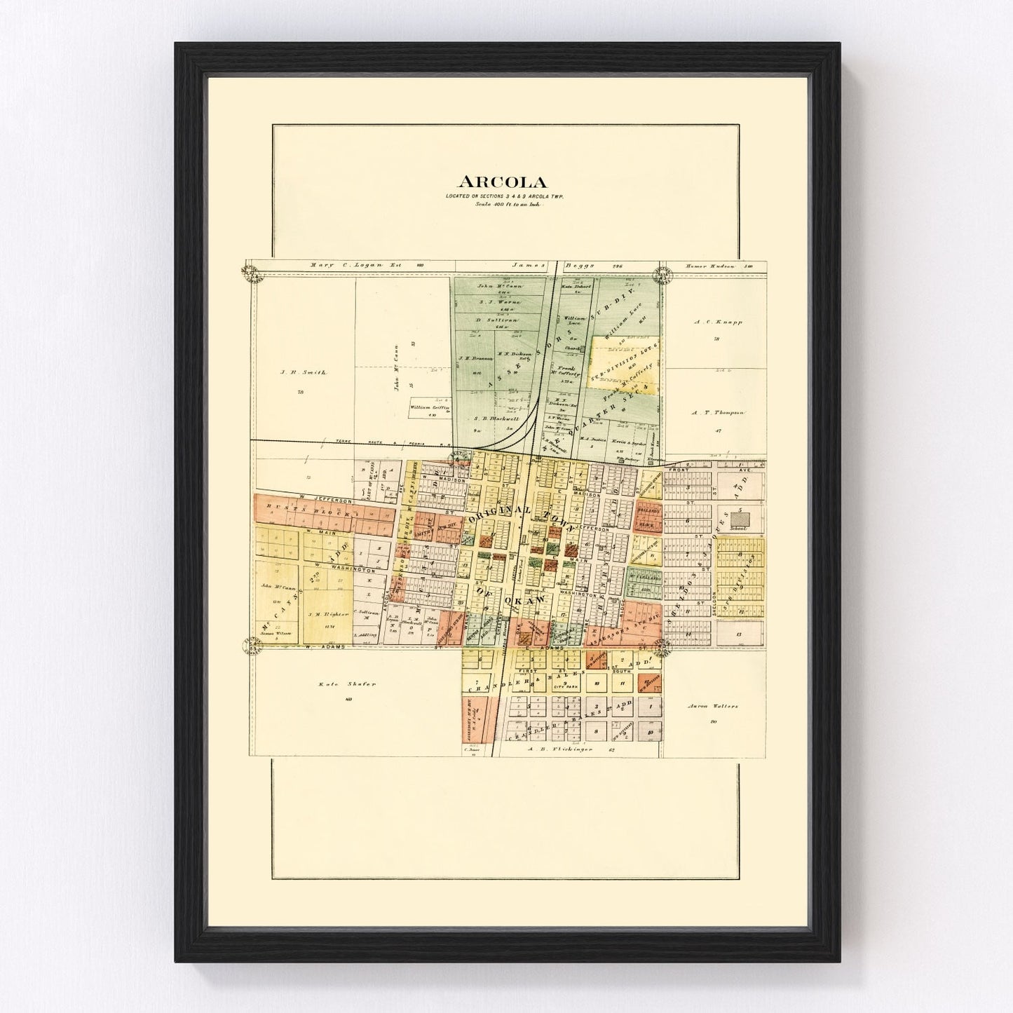 vintage map of Arcola, Illinois, 1893
