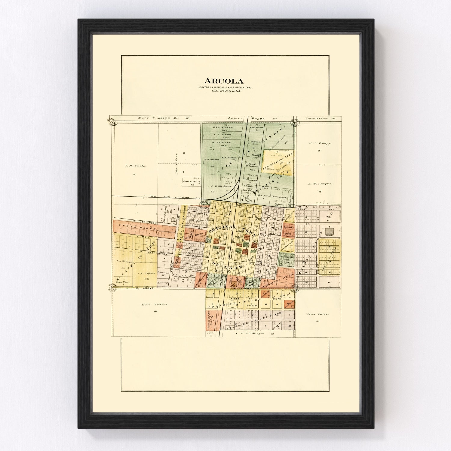 vintage map of Arcola, Illinois, 1893