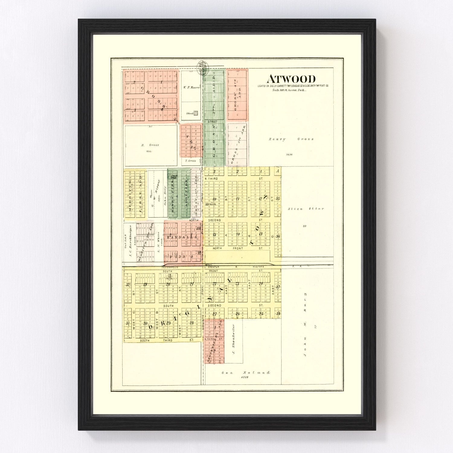 vintage map of Atwood, Illinois, 1893, Douglas County