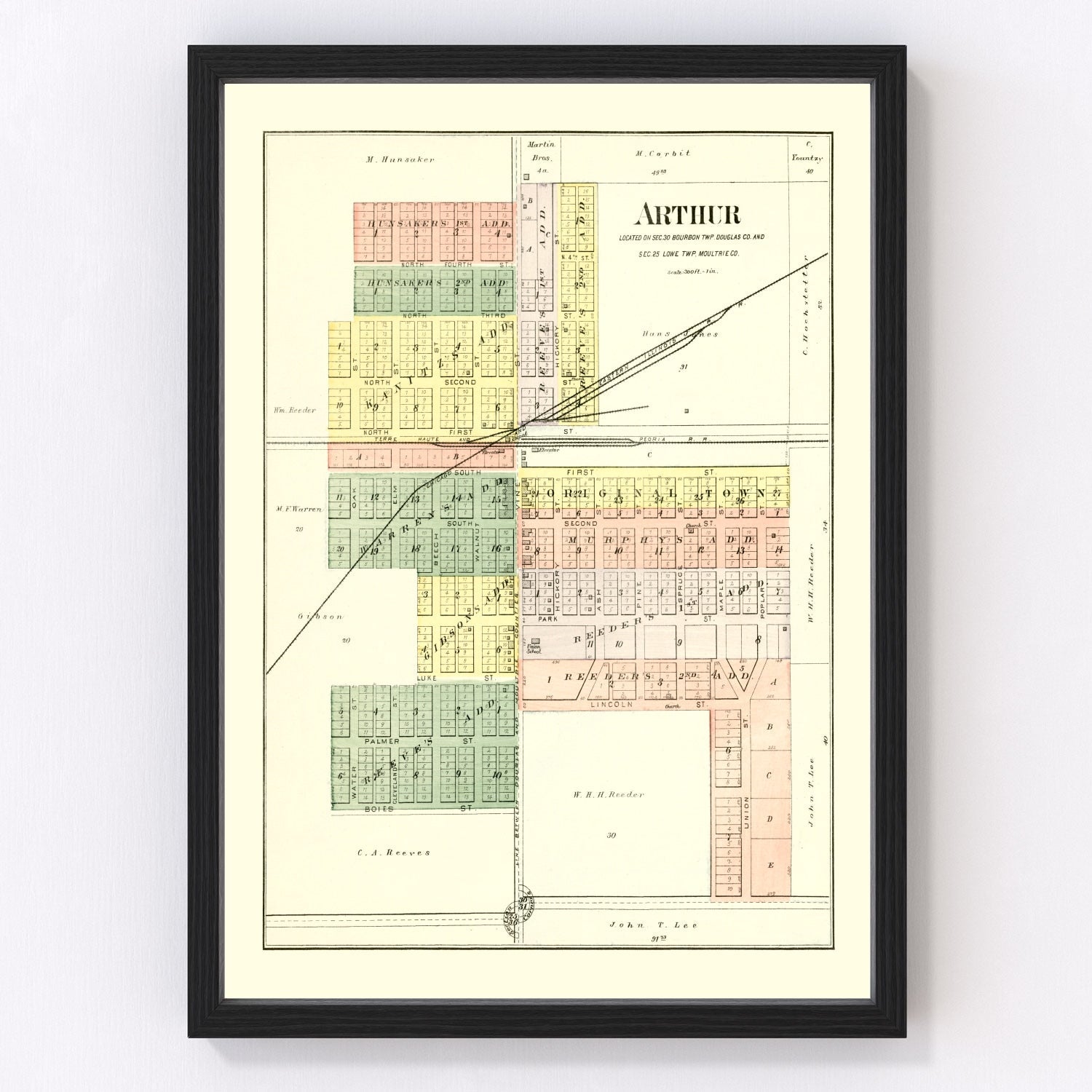 vintage map of Arthur, Illinois, 1893, Amish country