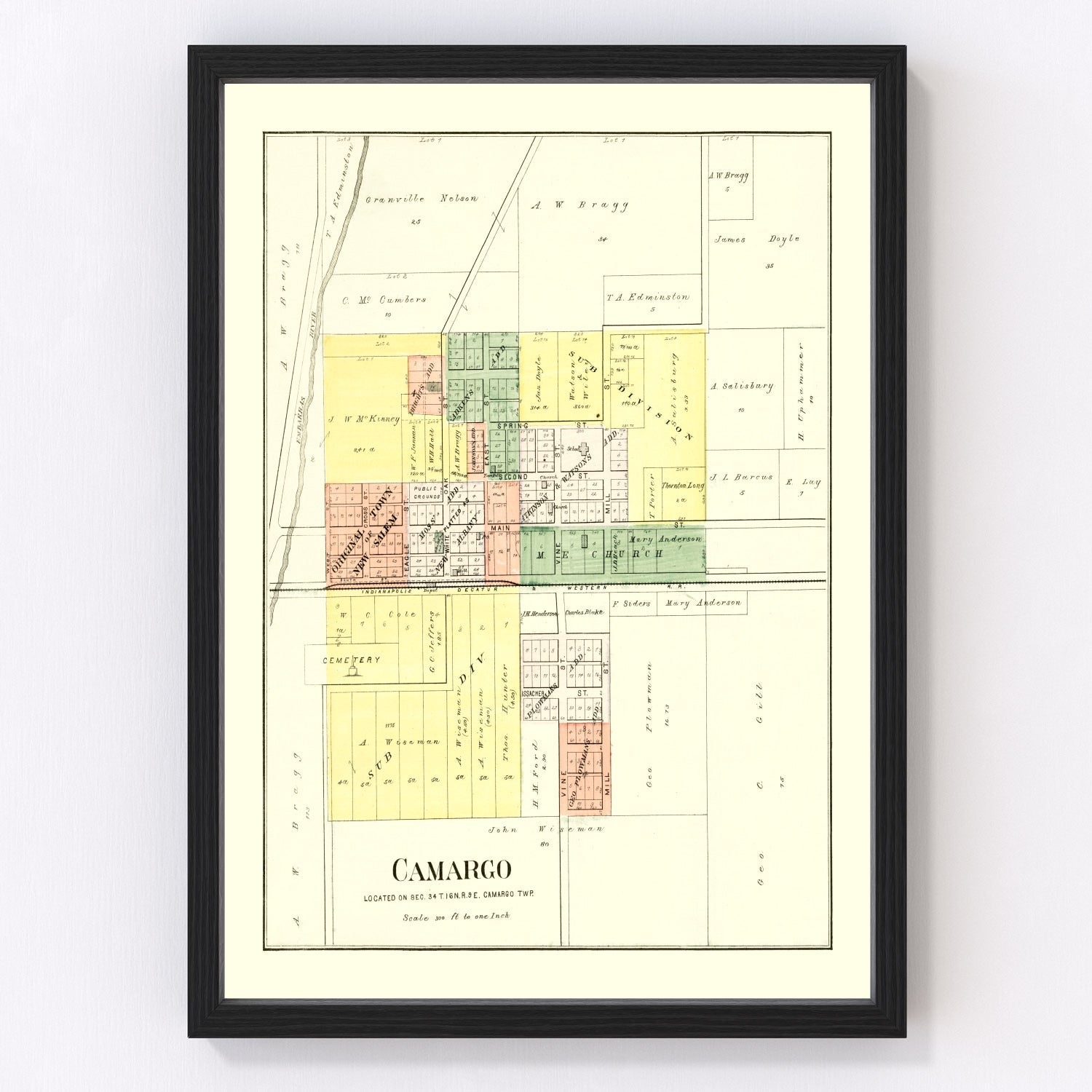 Vintage map of Camargo, Illinois, 1893, Douglas County restored print