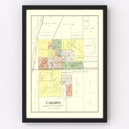 Vintage map of Camargo, Illinois, 1893, Douglas County restored print