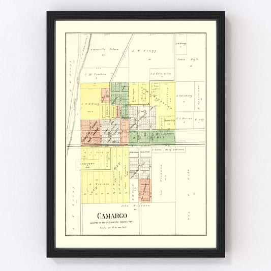 Vintage map of Camargo, Illinois, 1893, Douglas County restored print