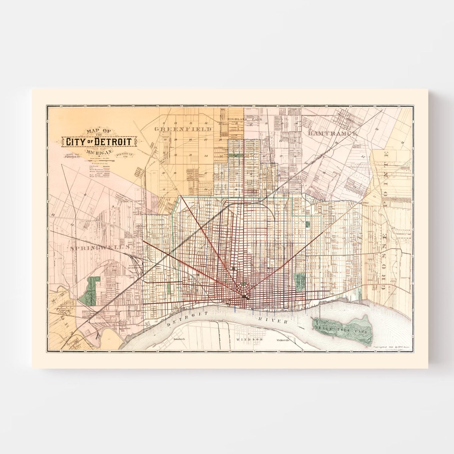 Vintage Map of Detroit, Michigan, 1893