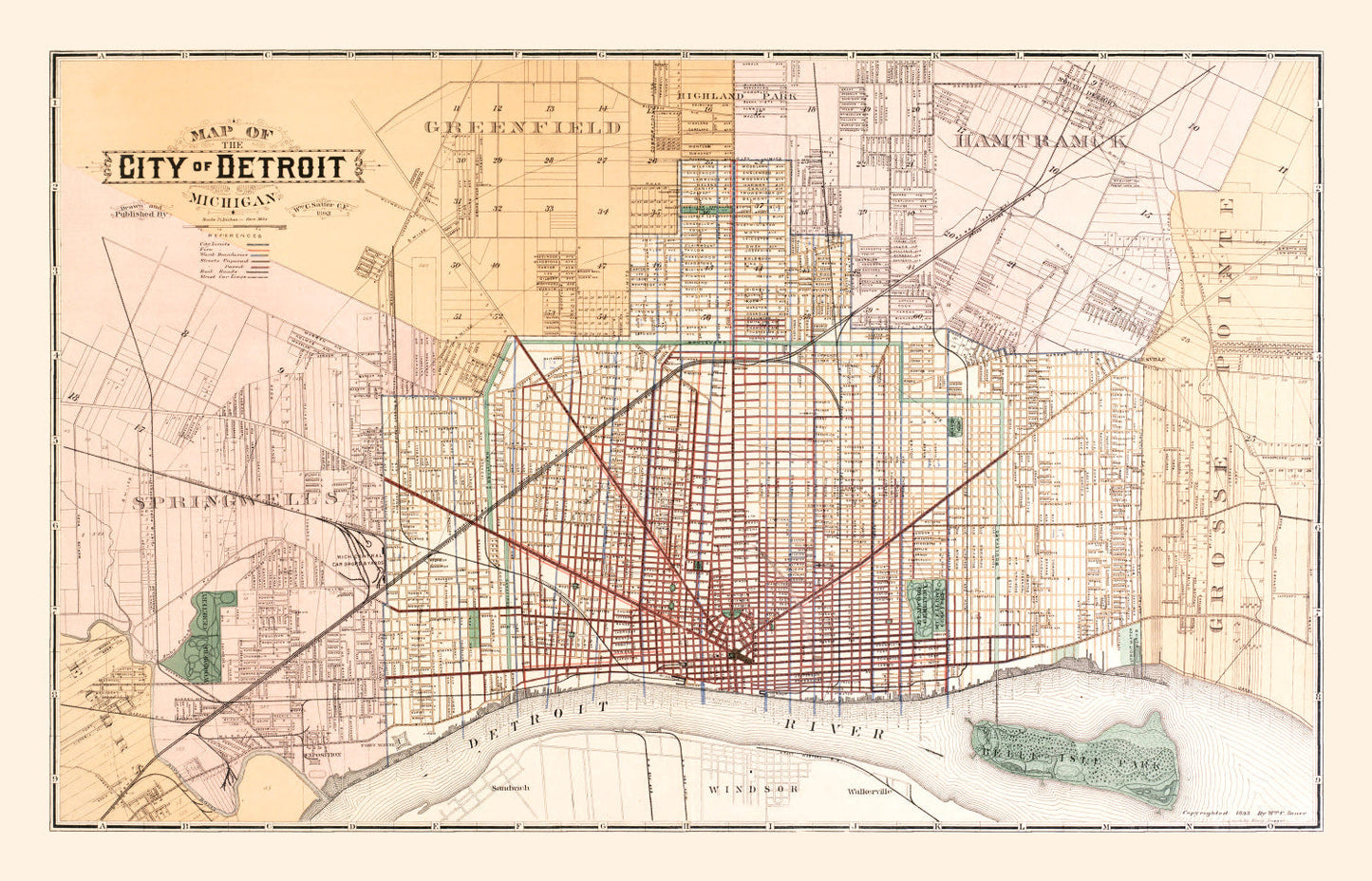 Vintage Map of Detroit, Michigan, 1893