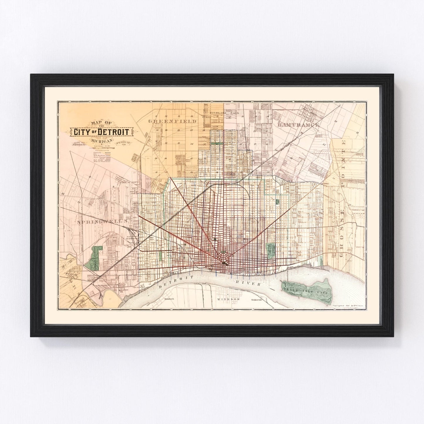 vintage map of Detroit, Michigan, 1893